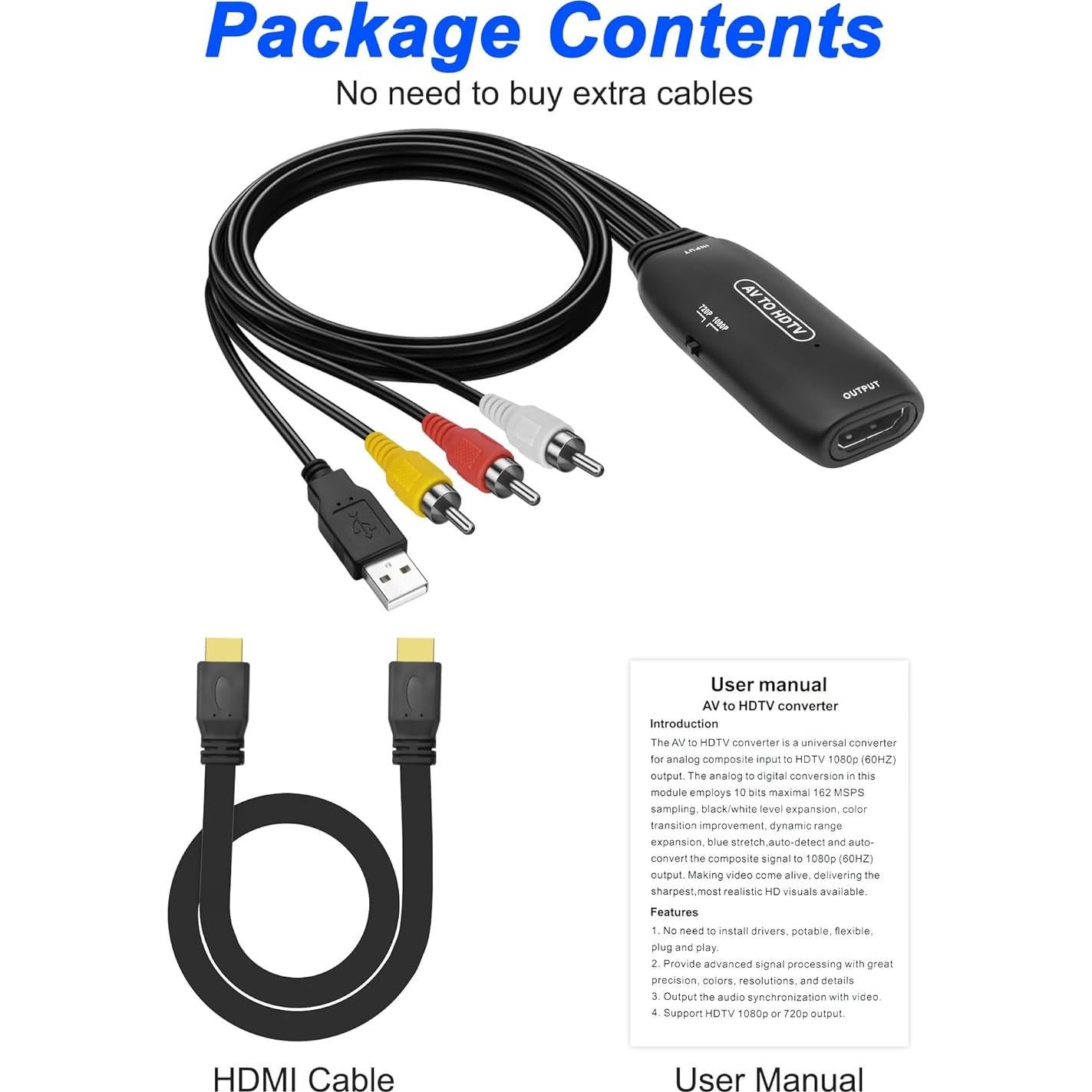 Adaptador RCA a HDMI MEIRIYFA 1080P con Cable USB y HDMI