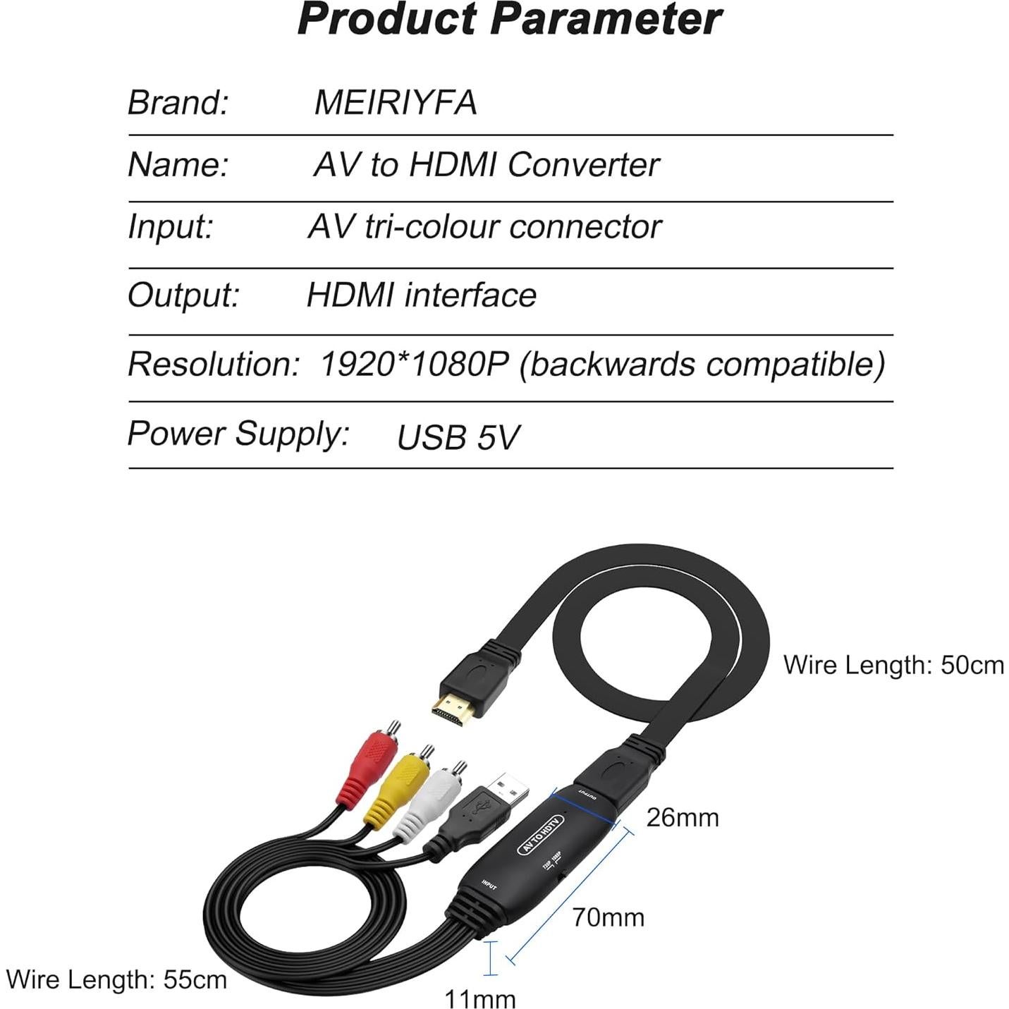 Adaptador RCA a HDMI MEIRIYFA 1080P con Cable USB y HDMI