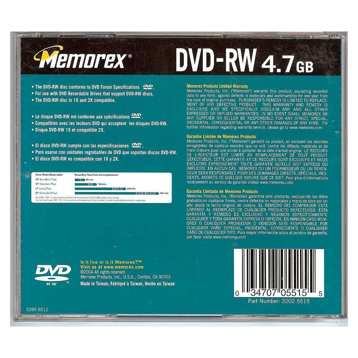 DVD-RW Memorex 4.7GB 1X-2X 120 minutos grabación