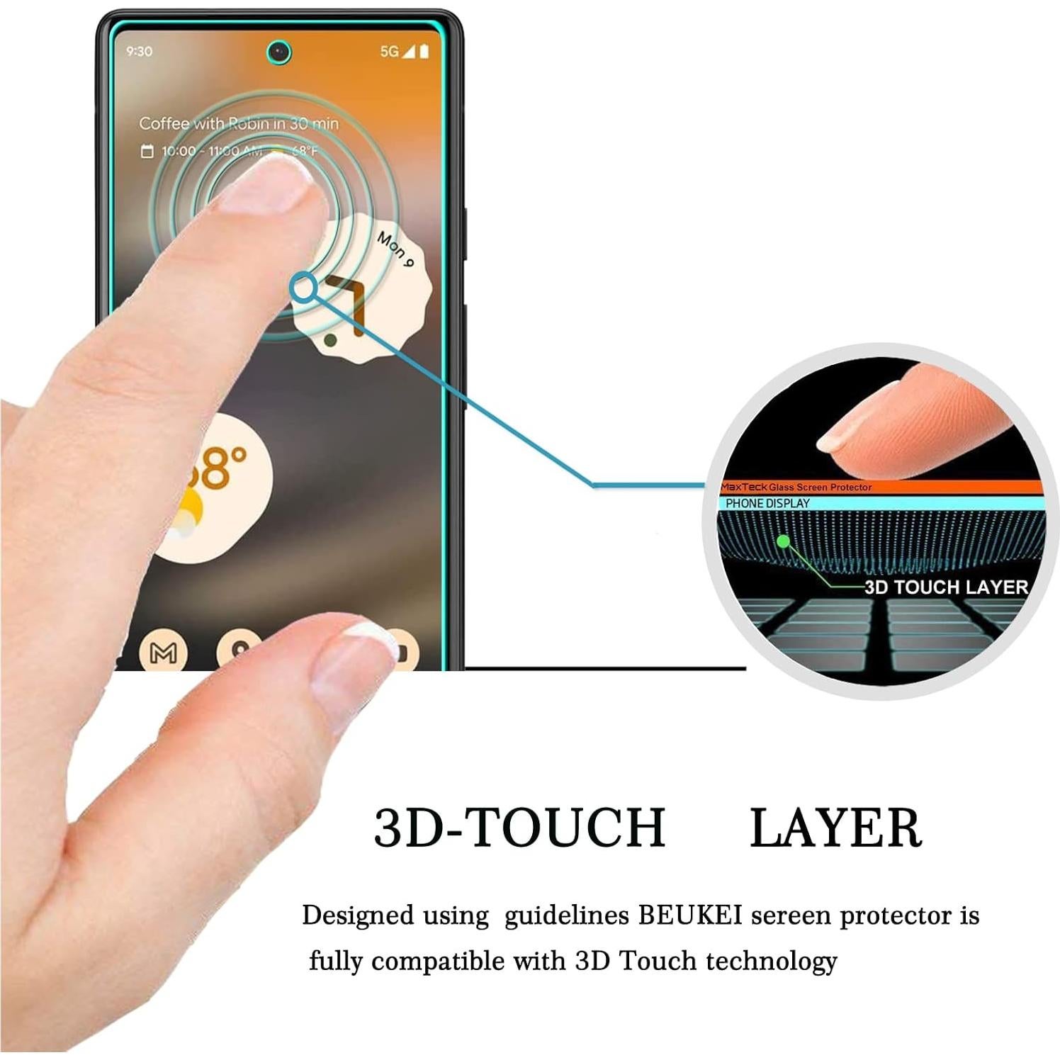 Protector de Pantalla Vidrio Templado Beukei para Google Pixel 6a 5G - 3 Piezas, Dureza 9H