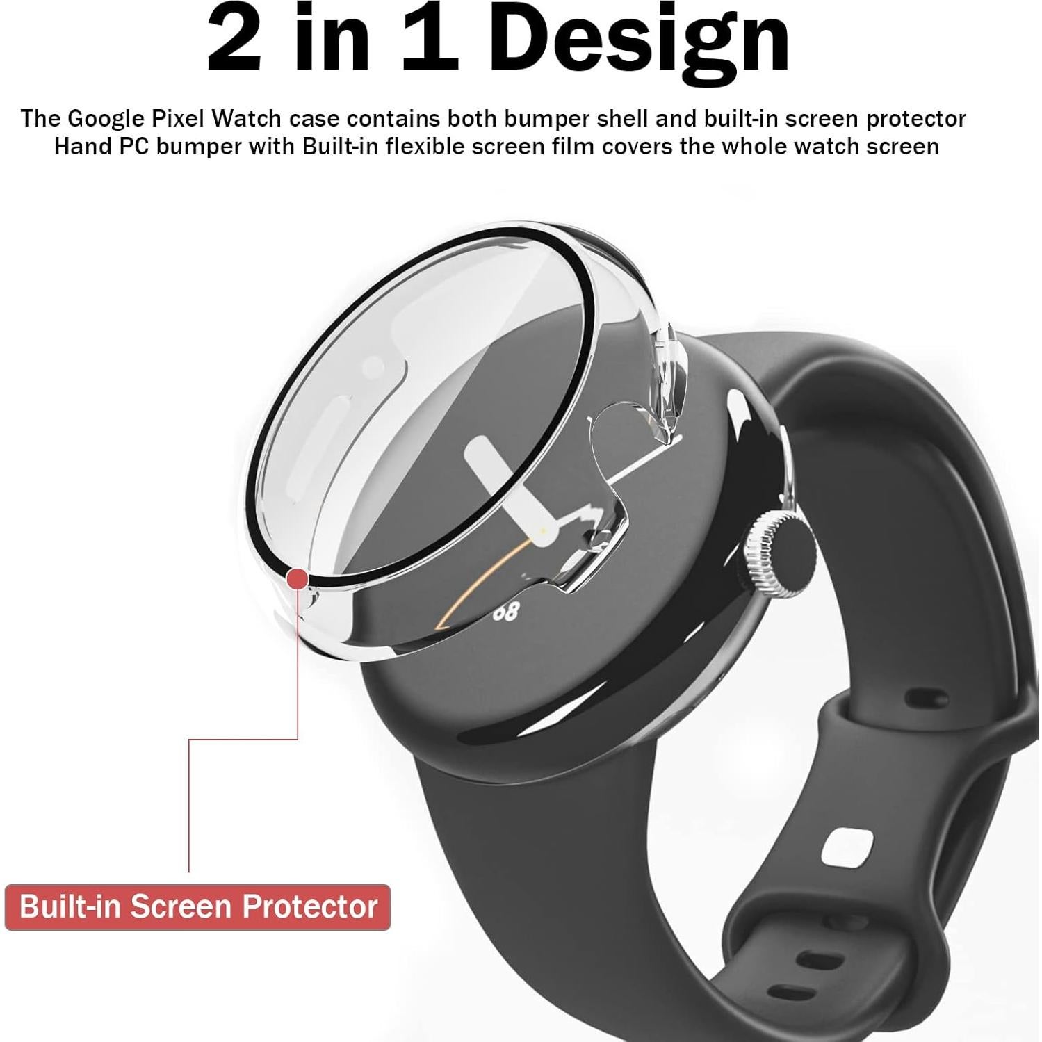 2 Pack Clear Case for Google Pixel Watch with Built-in Tempered Glass Screen Protector,Ultra-Thin Premium Shockproof Hard PC Bumper, All-Around Scratch Resistant Protective Cover (Transparent)