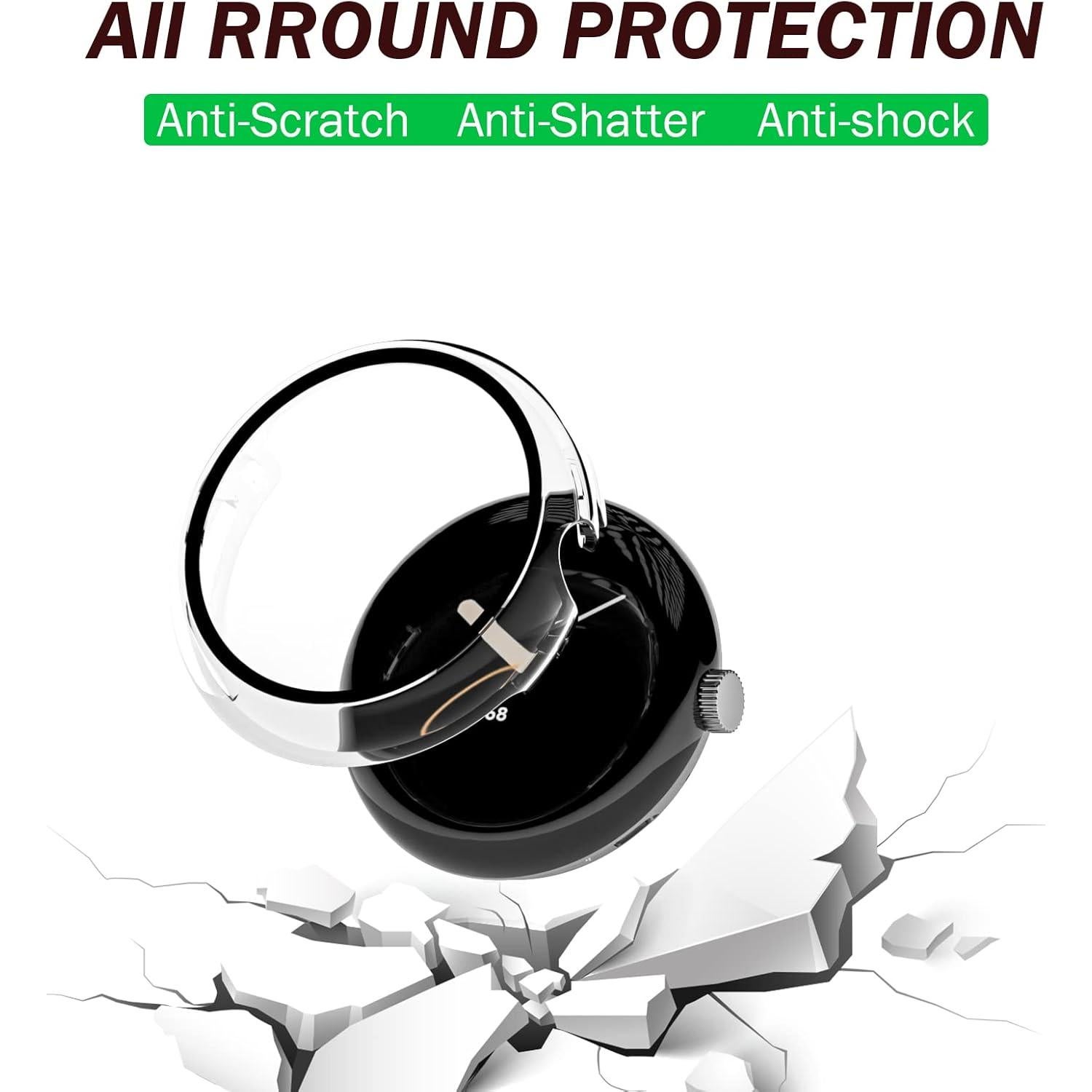 2 Pack Clear Case for Google Pixel Watch with Built-in Tempered Glass Screen Protector,Ultra-Thin Premium Shockproof Hard PC Bumper, All-Around Scratch Resistant Protective Cover (Transparent)