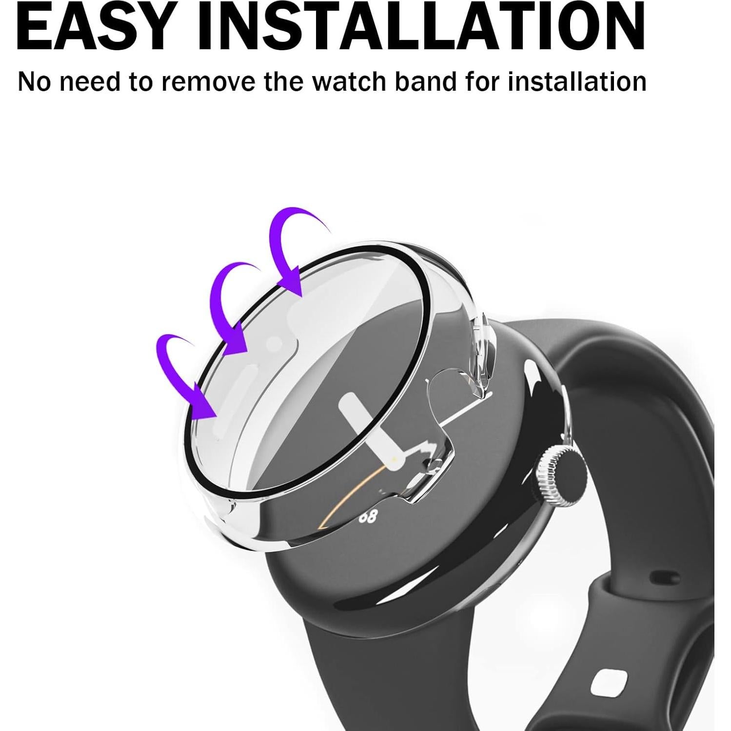 2 Pack Clear Case for Google Pixel Watch with Built-in Tempered Glass Screen Protector,Ultra-Thin Premium Shockproof Hard PC Bumper, All-Around Scratch Resistant Protective Cover (Transparent)