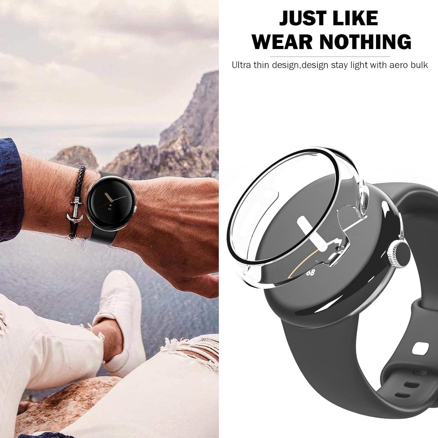 2 Pack Clear Case for Google Pixel Watch with Built-in Tempered Glass Screen Protector,Ultra-Thin Premium Shockproof Hard PC Bumper, All-Around Scratch Resistant Protective Cover (Transparent)