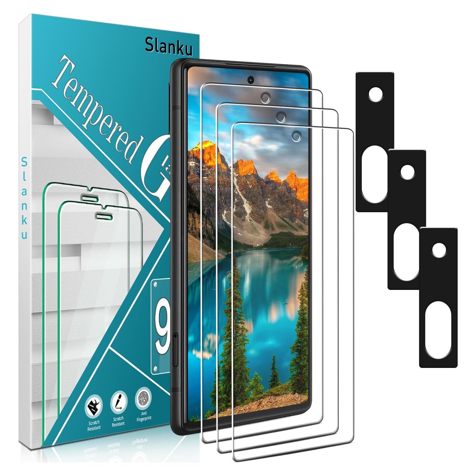 Slanku [3+3 Pack Screen Protector for Google Pixel 6A Tempered Glass with 3 Pack Camera Lens Protector, Support Fingerprint Reader, No-Bubbles, Anti Scratches
