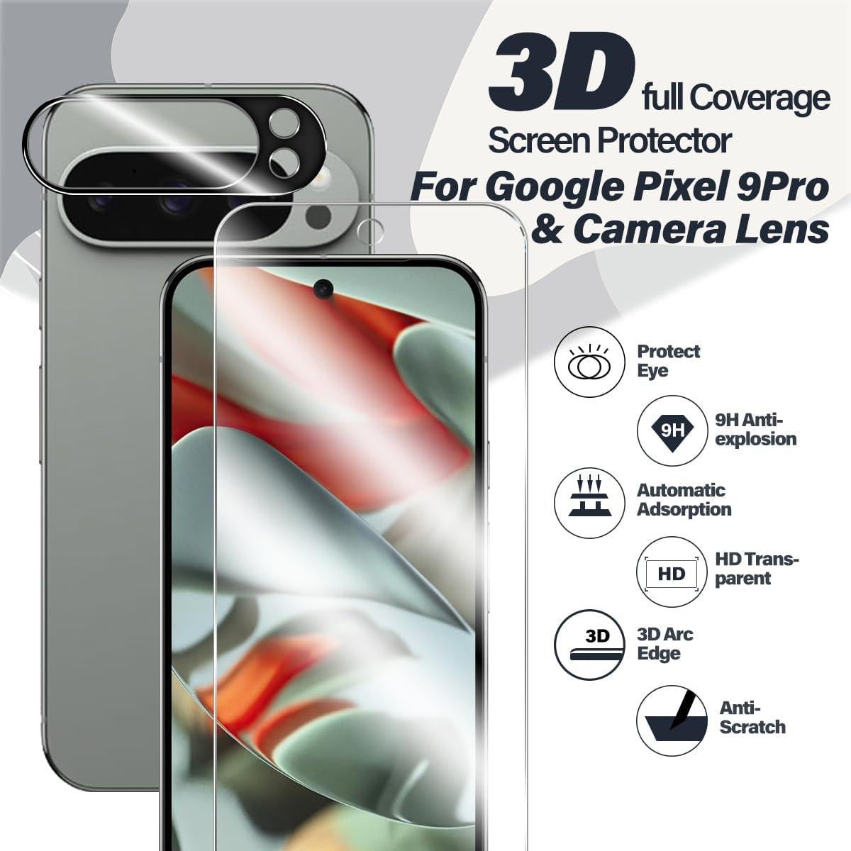 Pixel 9 Pro Tempered Glass Screen Protector + Camera Lens Protector [ 2 + 2 Pack ][Not Fingerprint Unlock] [Anti-Scratch] [Case Friendly] Clear HD Protective Film for Google Pixel 9 Pro 5G