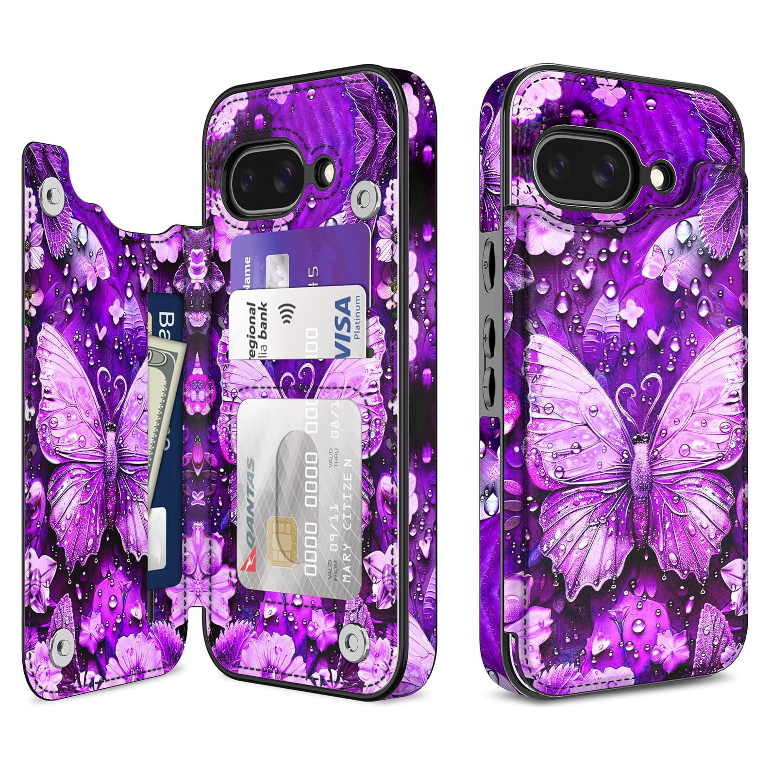 Funda Rancase para Google Pixel 9a, PU, 3 ranuras tarjetas, púrpura