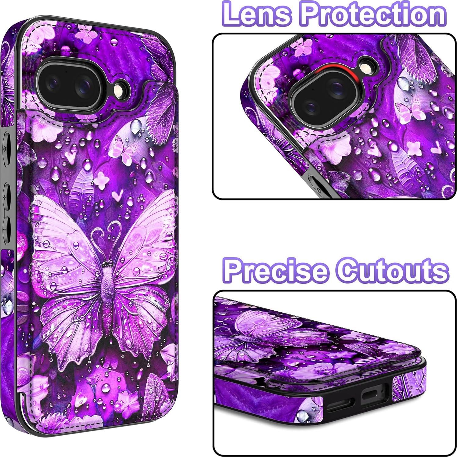 Funda Rancase para Google Pixel 9a, PU, 3 ranuras tarjetas, púrpura