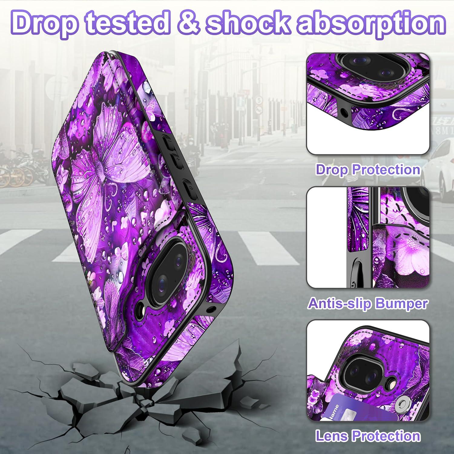 Funda Rancase para Google Pixel 9a, PU, 3 ranuras tarjetas, púrpura