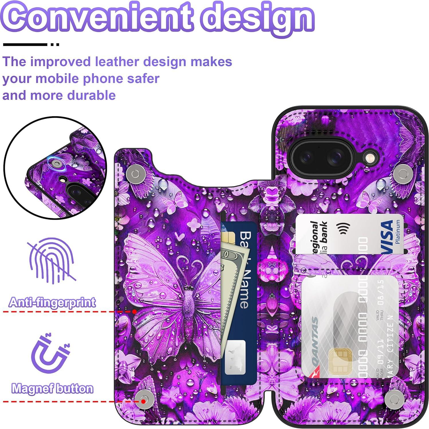 Funda Rancase para Google Pixel 9a, PU, 3 ranuras tarjetas, púrpura