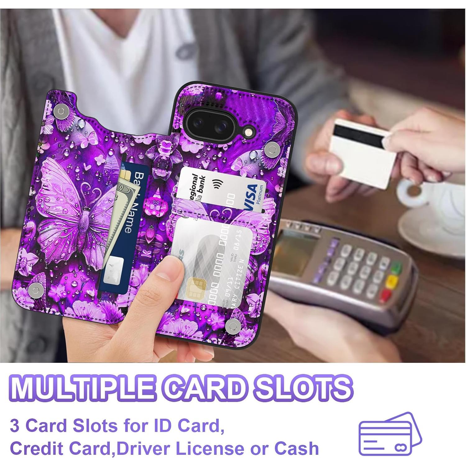 Funda Rancase para Google Pixel 9a, PU, 3 ranuras tarjetas, púrpura