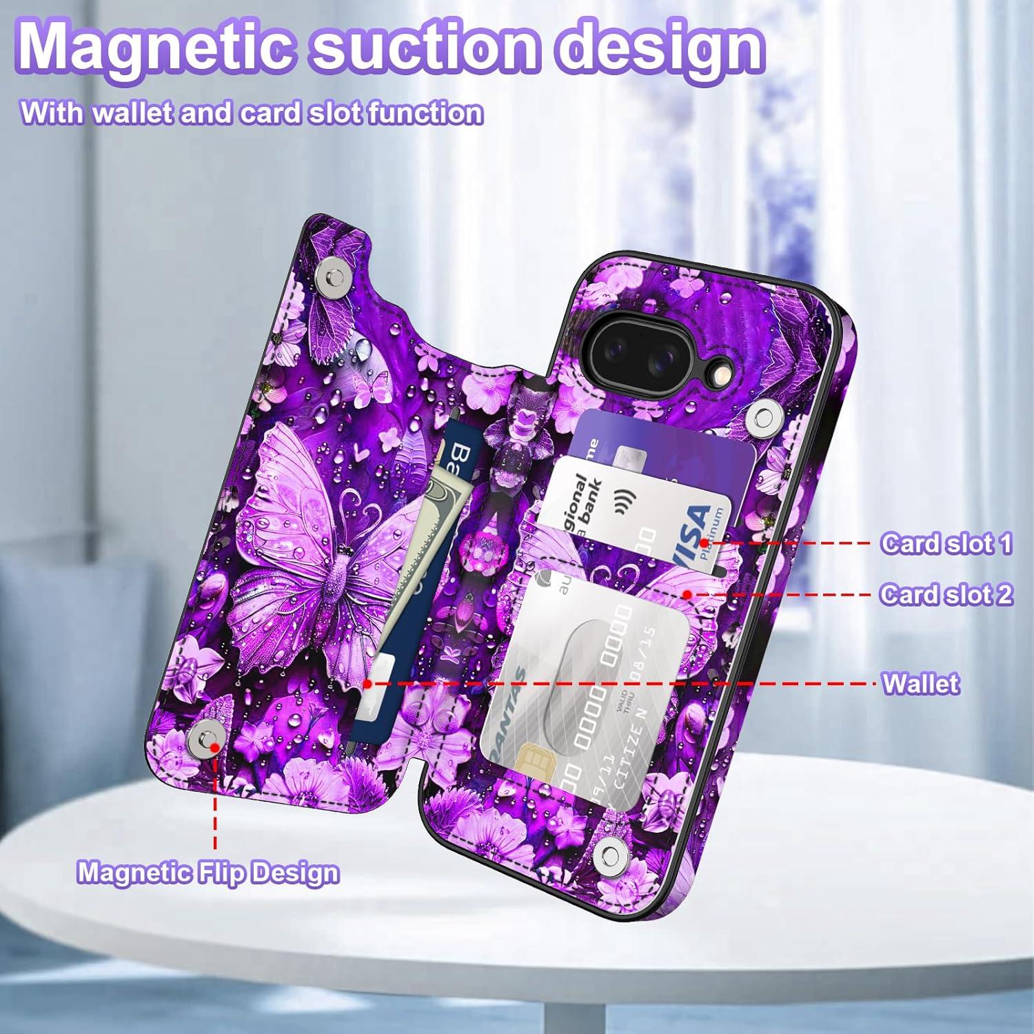 Funda Rancase para Google Pixel 9a, PU, 3 ranuras tarjetas, púrpura