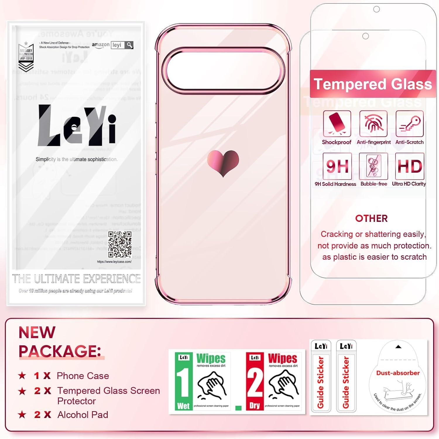 Funda TPU Rosa LeYi para Google Pixel 9/9 Pro + 2 Protectores