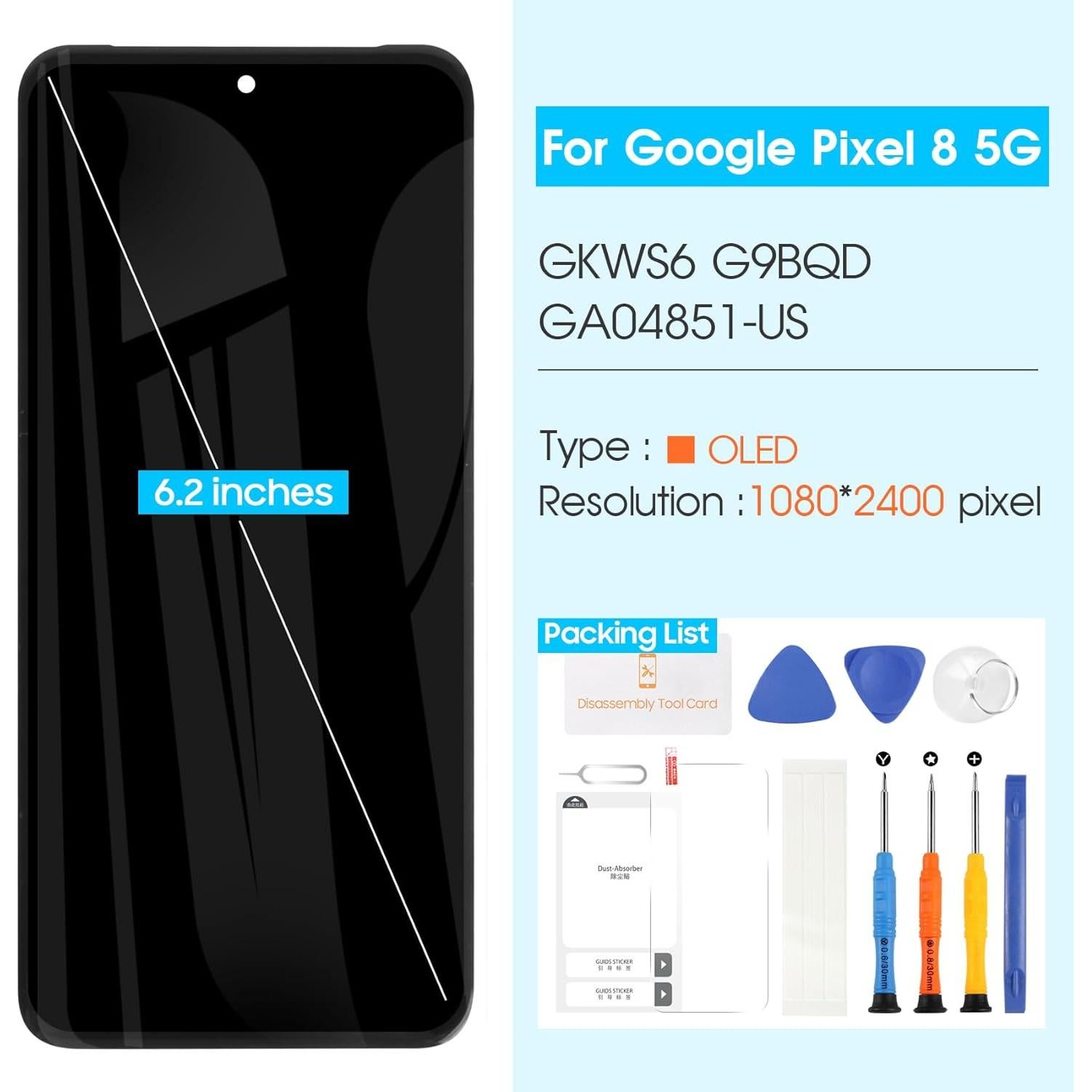 Reemplazo Pantalla LCD Google Pixel 8 5G GKWS6 G9BQD Negro