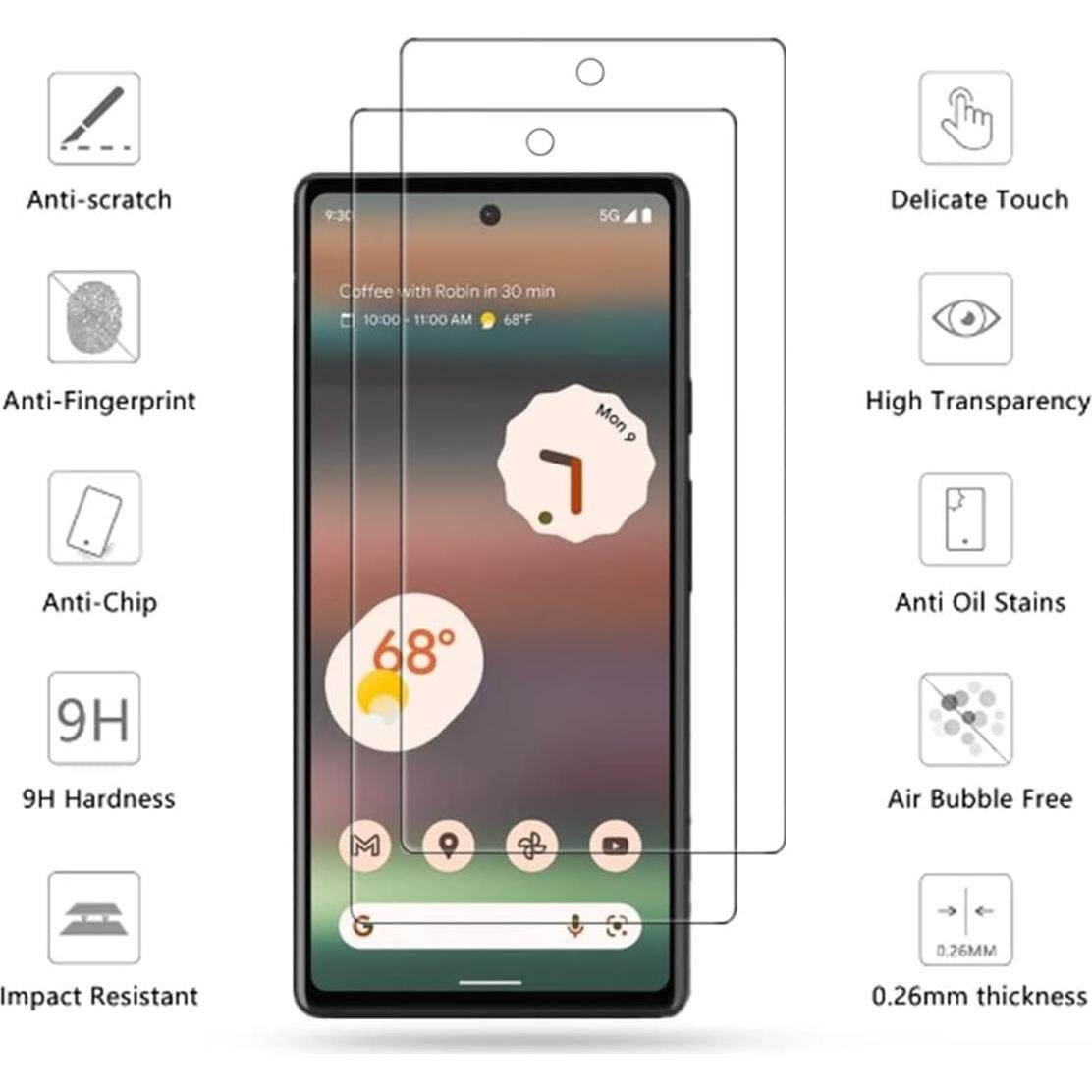 Protector de Pantalla VIESUP para Google Pixel 6a - 2 Pack Vidrio Templado 9H