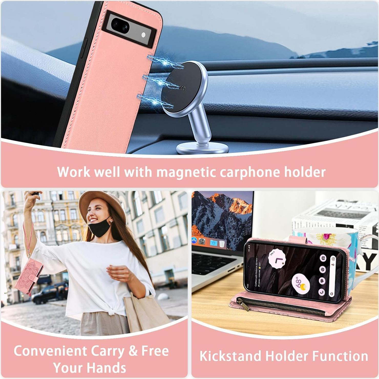 Funda Asuwish para Google Pixel 7A 5G Cartera Oro Rosa