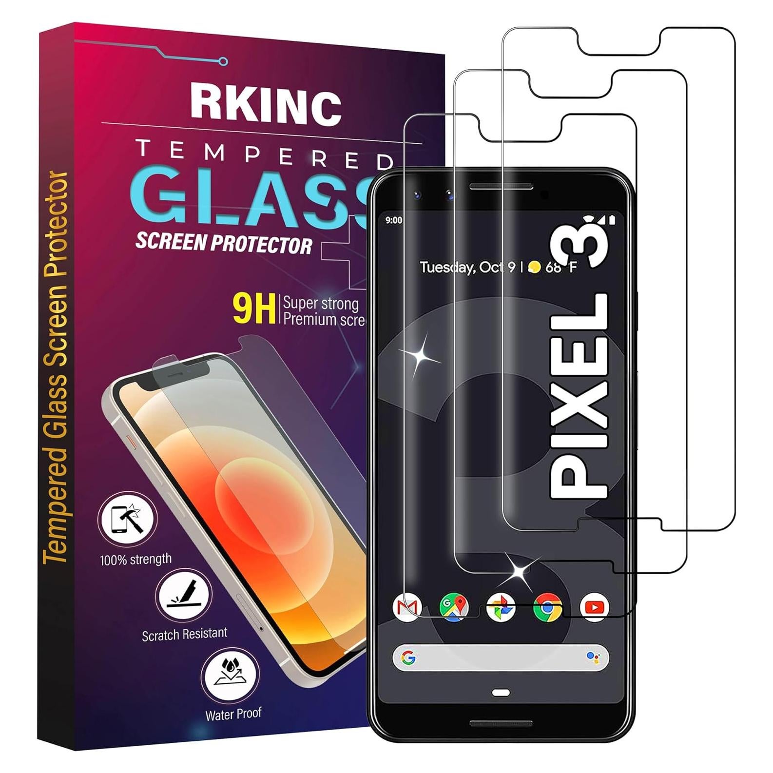 RKINC Screen Protector [3-Pack] for Google Pixel 3, Tempered Glass Film Screen Protector, 0.33mm [LifetimeWarranty][Bubble-Free][Anti-Scratch][Anti-Shatter]