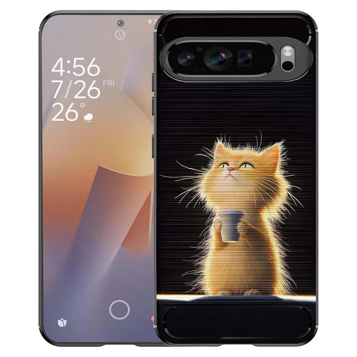 for Google Pixel 9 Pro XL Brushed Texture Case,Slim Thin Soft Flexible TPU Carbon Fiber Shock Proof Protective Cover for Google Pixel 9 Pro XL,Messy Cat Drink Coffee