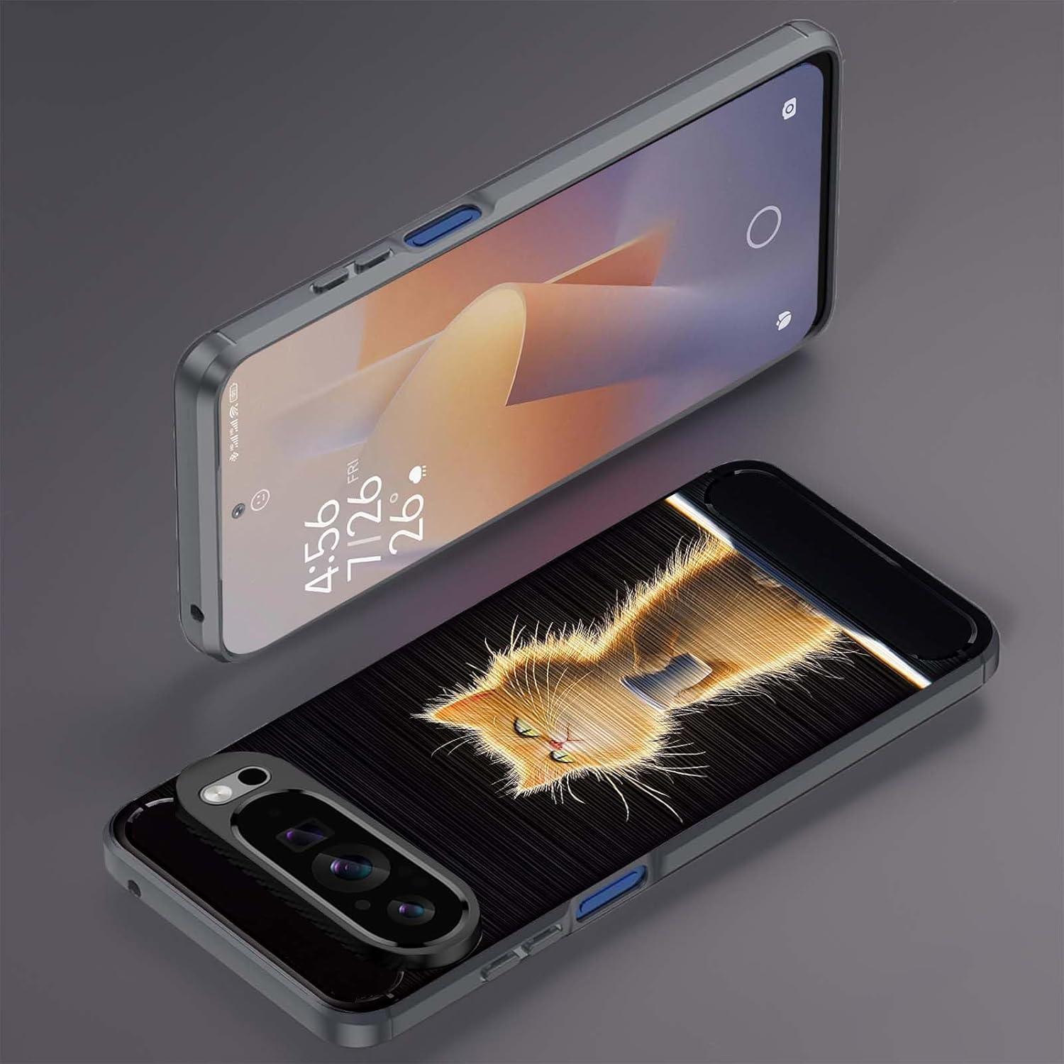 for Google Pixel 9 Pro XL Brushed Texture Case,Slim Thin Soft Flexible TPU Carbon Fiber Shock Proof Protective Cover for Google Pixel 9 Pro XL,Messy Cat Drink Coffee