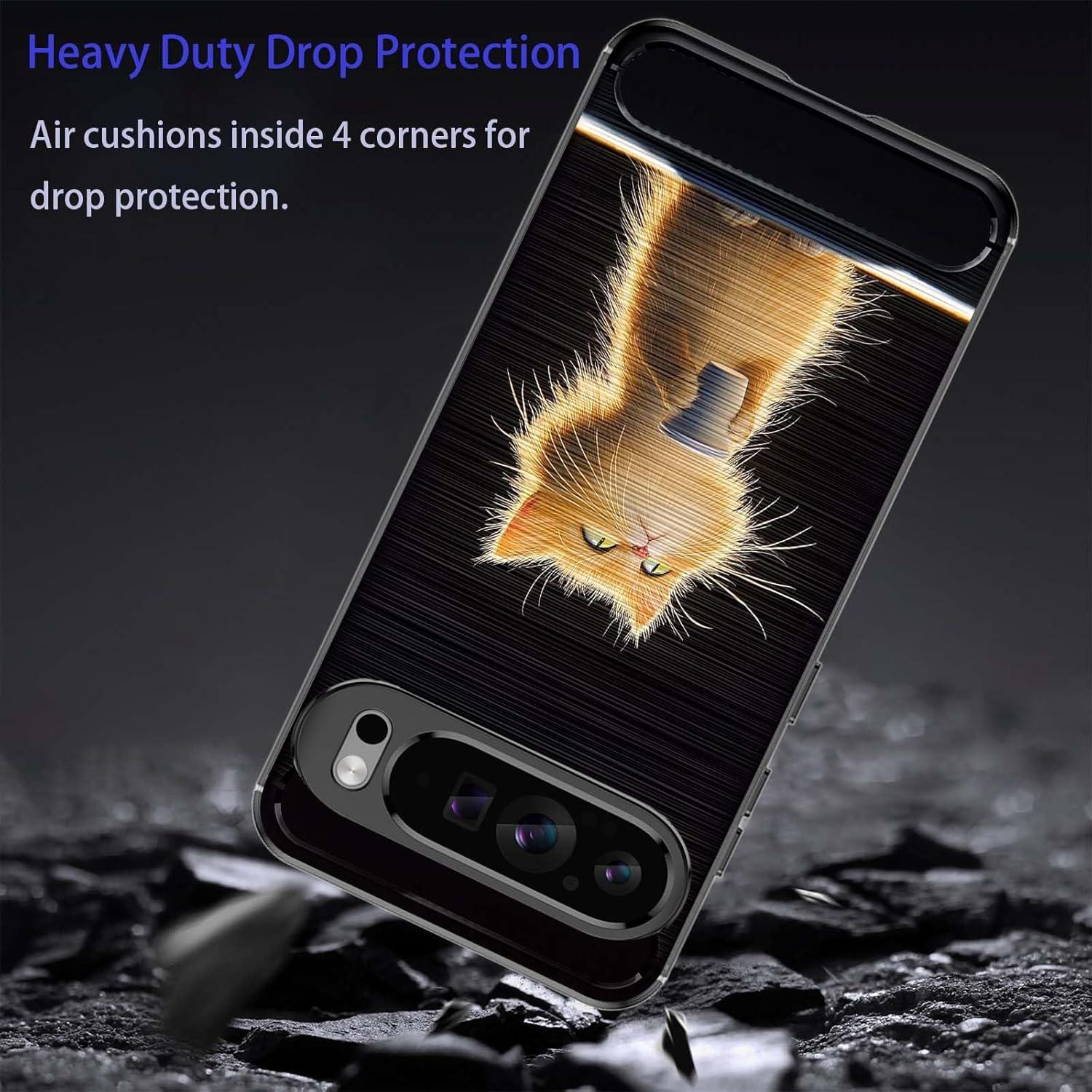 for Google Pixel 9 Pro XL Brushed Texture Case,Slim Thin Soft Flexible TPU Carbon Fiber Shock Proof Protective Cover for Google Pixel 9 Pro XL,Messy Cat Drink Coffee