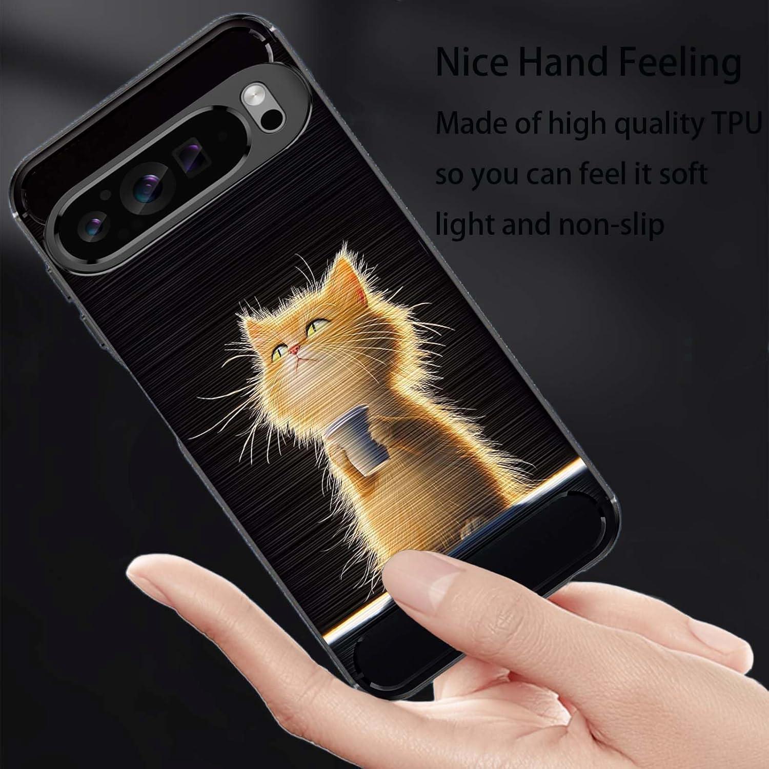 for Google Pixel 9 Pro XL Brushed Texture Case,Slim Thin Soft Flexible TPU Carbon Fiber Shock Proof Protective Cover for Google Pixel 9 Pro XL,Messy Cat Drink Coffee