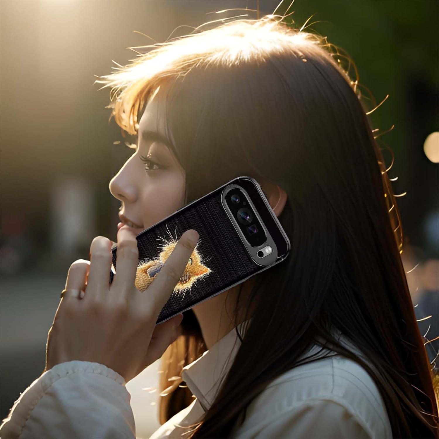 for Google Pixel 9 Pro XL Brushed Texture Case,Slim Thin Soft Flexible TPU Carbon Fiber Shock Proof Protective Cover for Google Pixel 9 Pro XL,Messy Cat Drink Coffee