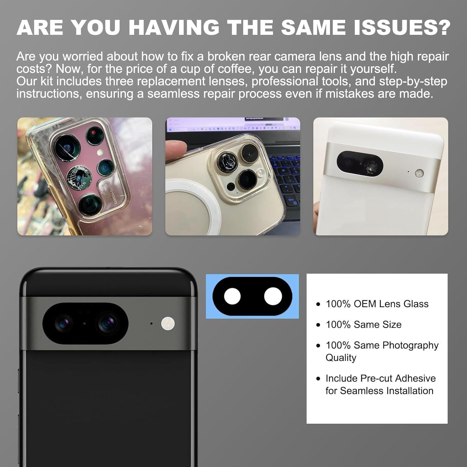 Paquete de 3 Lentes de Cámara Trasera BATLABB para Pixel 8