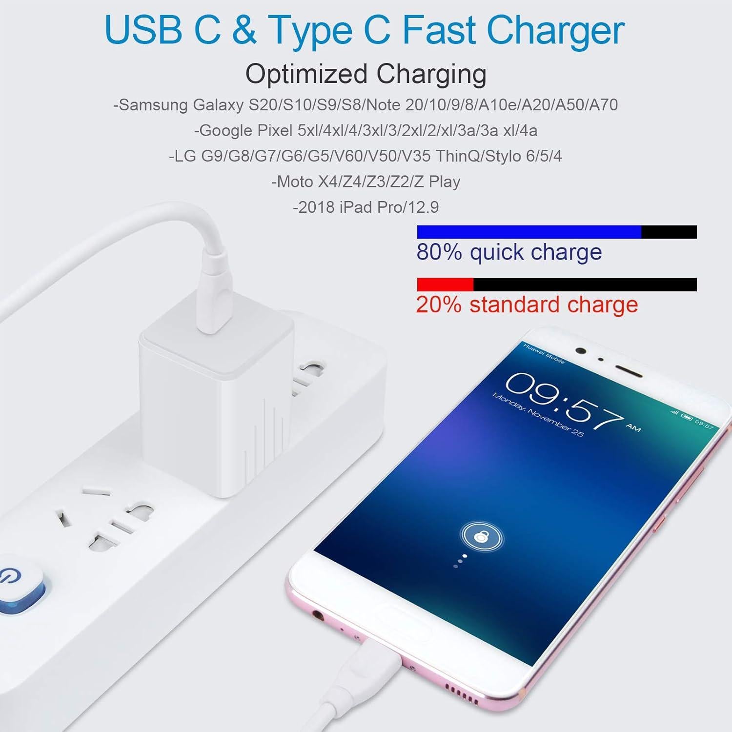 Cargador Rápido USB C 20W con Cable 1.8m para Google Pixel y Samsung