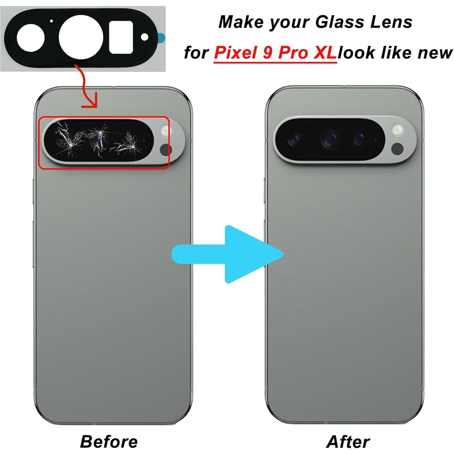 For Pixel 9 Pro XL Back Rear Camera Glass Lens Replacement Compatible with Google Pixel 9 Pro XL Camera Lens Glass with Adhesive Pre-Installed and Repairing Toolkits