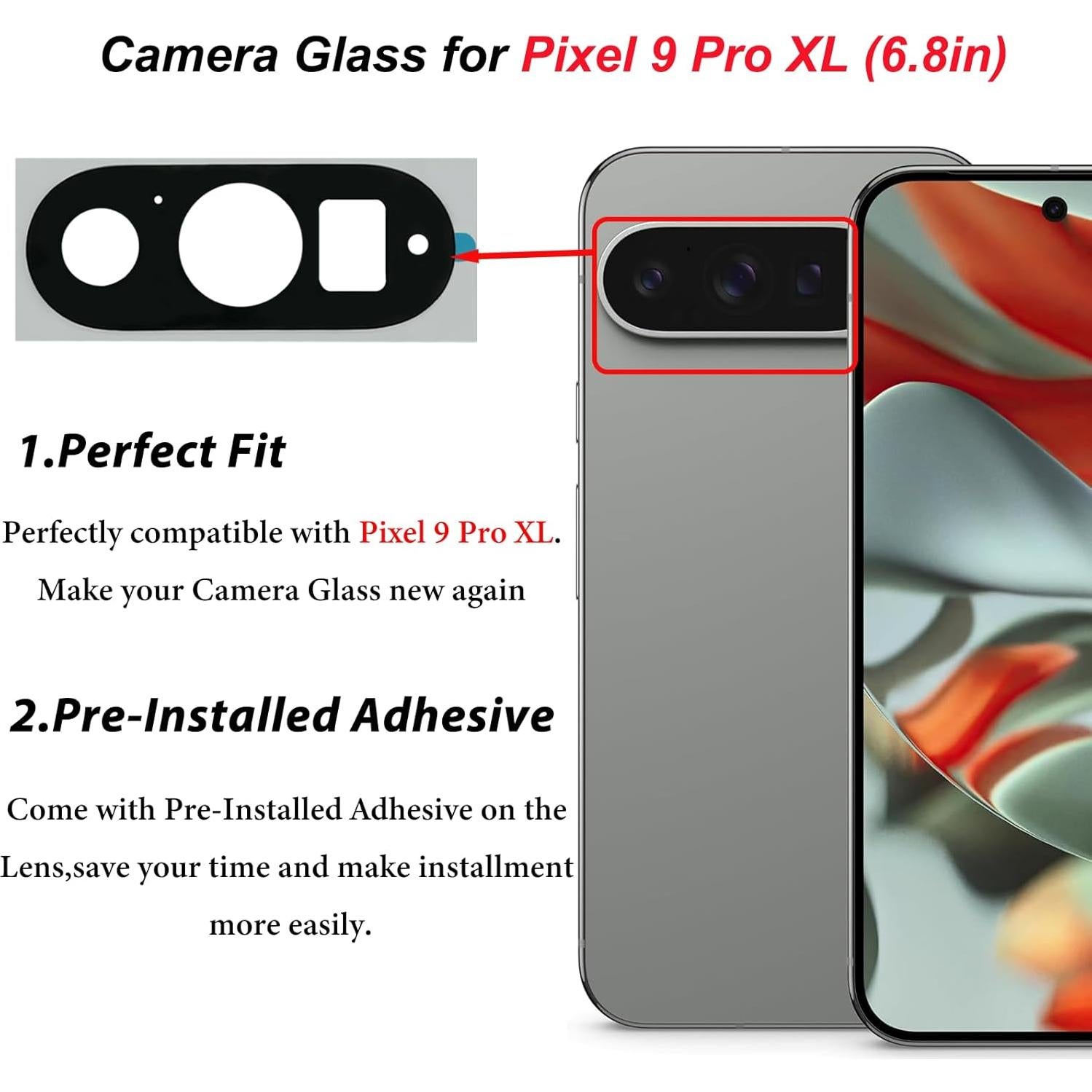 For Pixel 9 Pro XL Back Rear Camera Glass Lens Replacement Compatible with Google Pixel 9 Pro XL Camera Lens Glass with Adhesive Pre-Installed and Repairing Toolkits