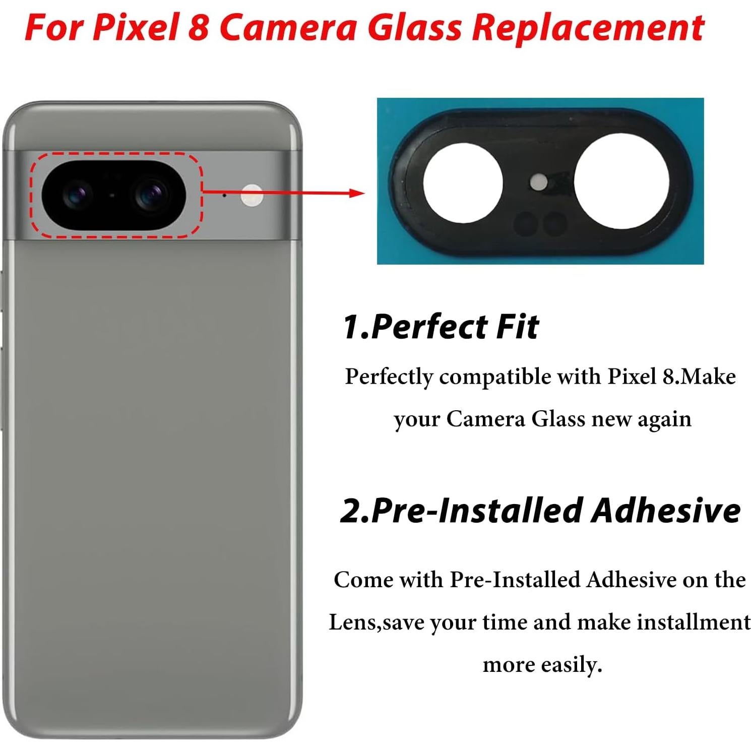 For Pixel 8 Back Camera Glass Lens Replacement Compatible with Google Pixel8 Rear Camera Glass Replacement with Pre-Installed Adhesive and Repairing Toolkits