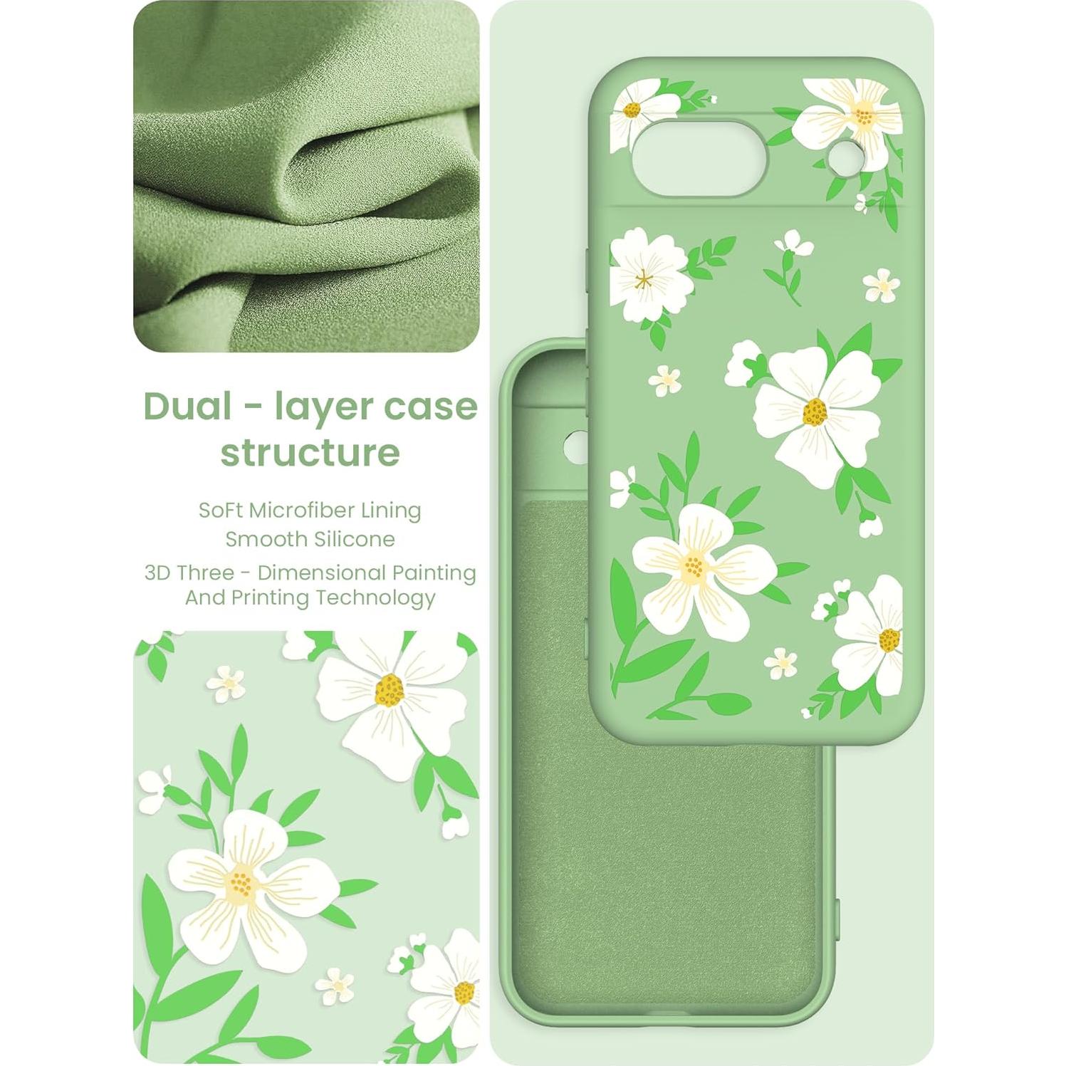 Funda de Silicona Floral Yucenx para Google Pixel 8a Verde Matcha