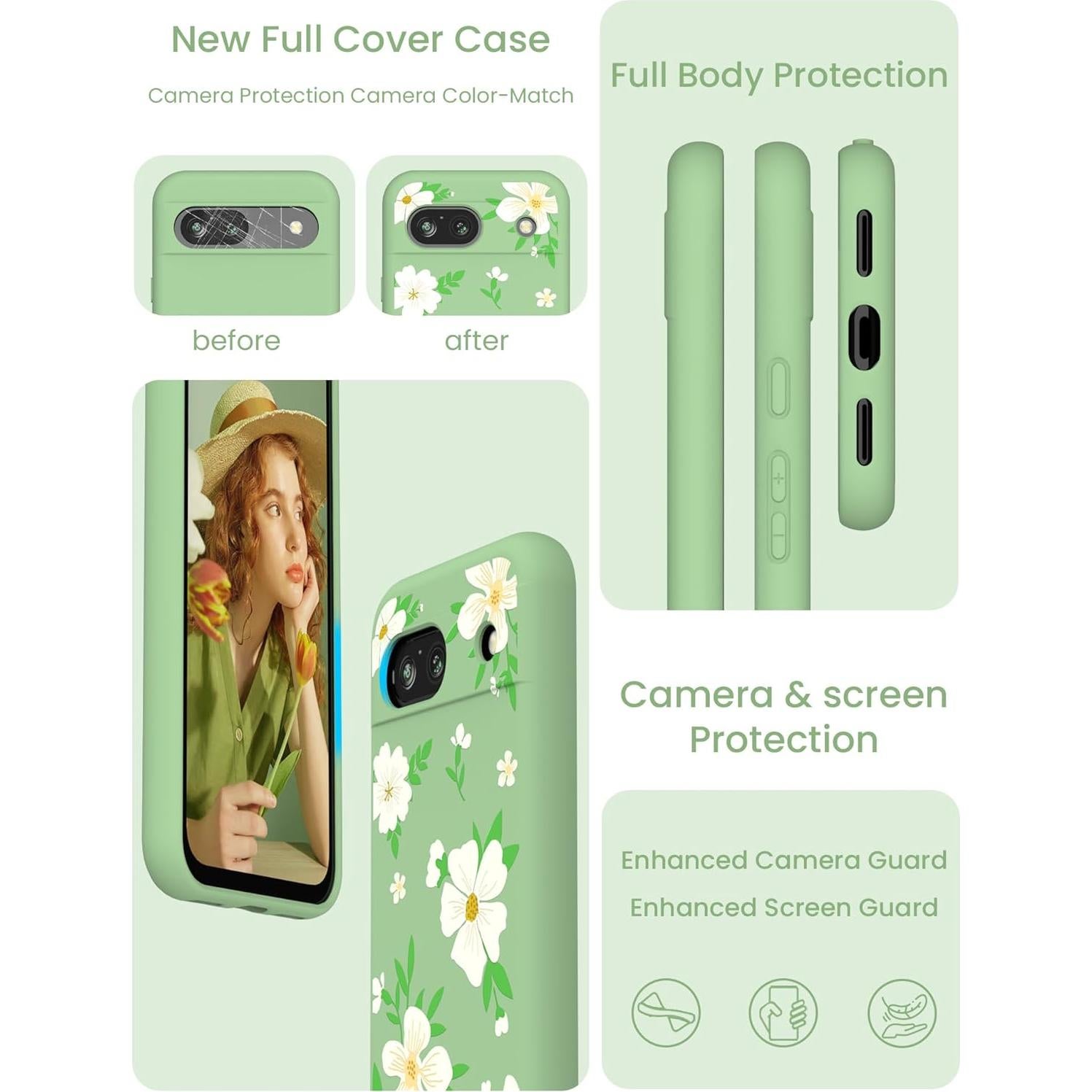 Funda de Silicona Floral Yucenx para Google Pixel 8a Verde Matcha