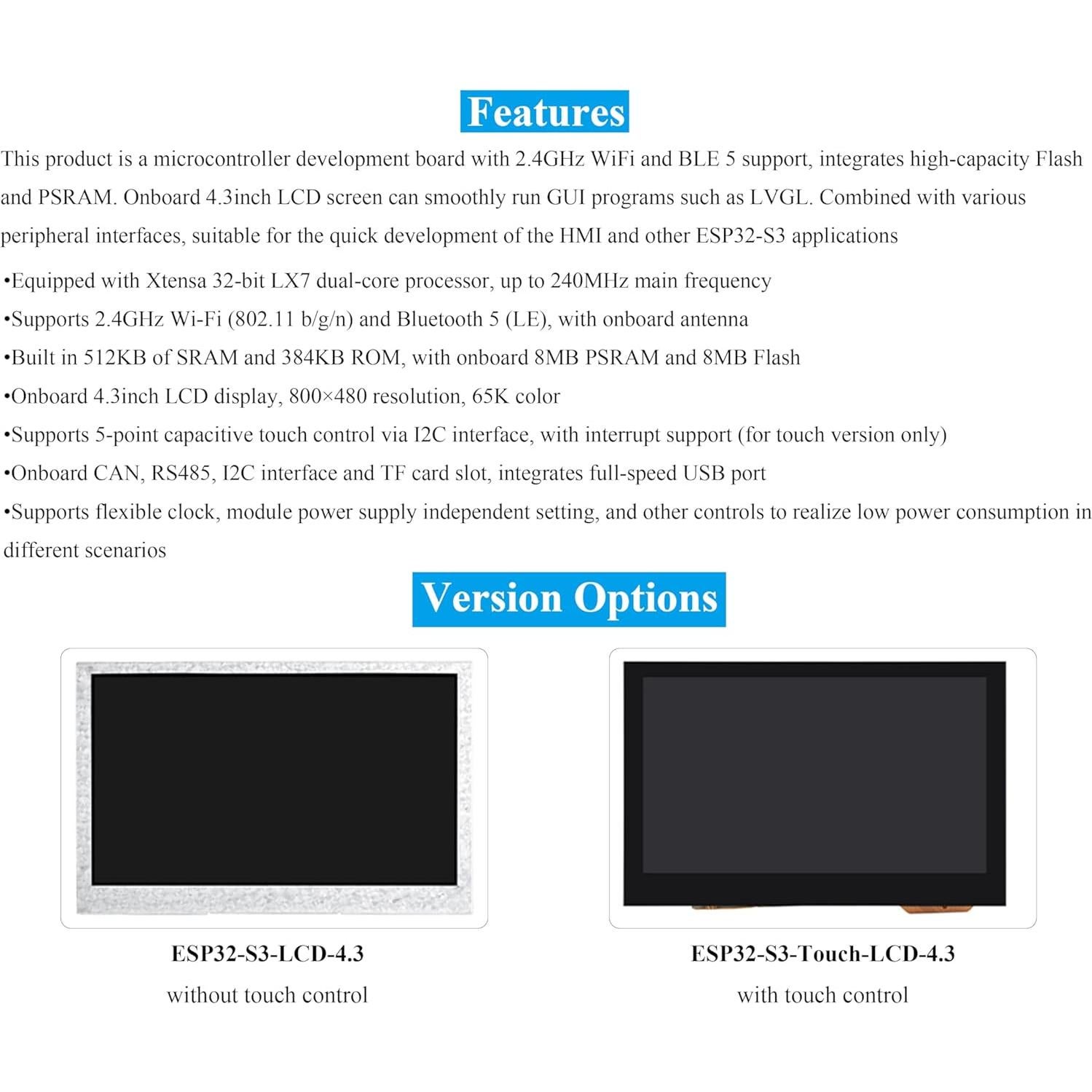 Placa de Desarrollo UeeKKoo ESP32-S3 4.3" LCD 800x480 Sin Táctil