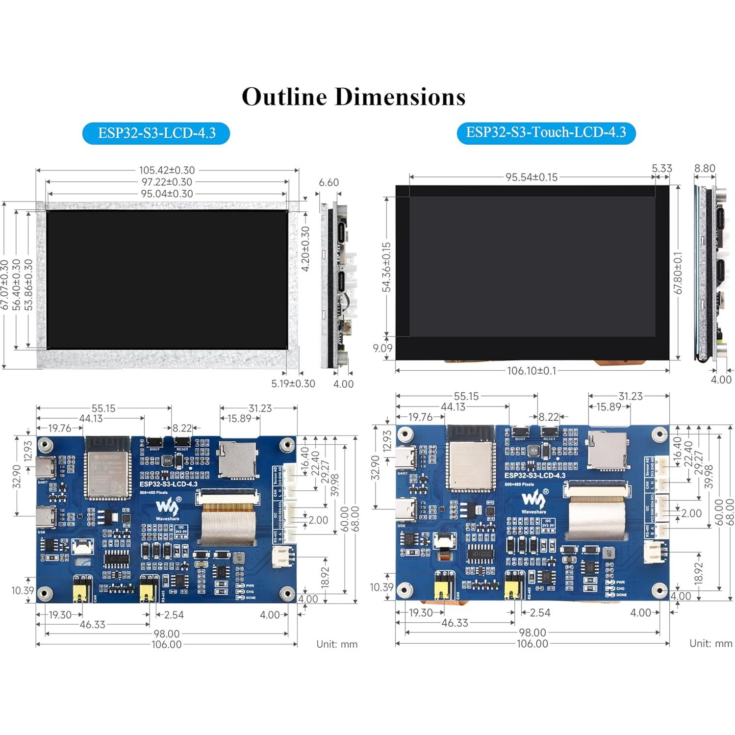 Placa de Desarrollo UeeKKoo ESP32-S3 4.3" LCD 800x480 Sin Táctil