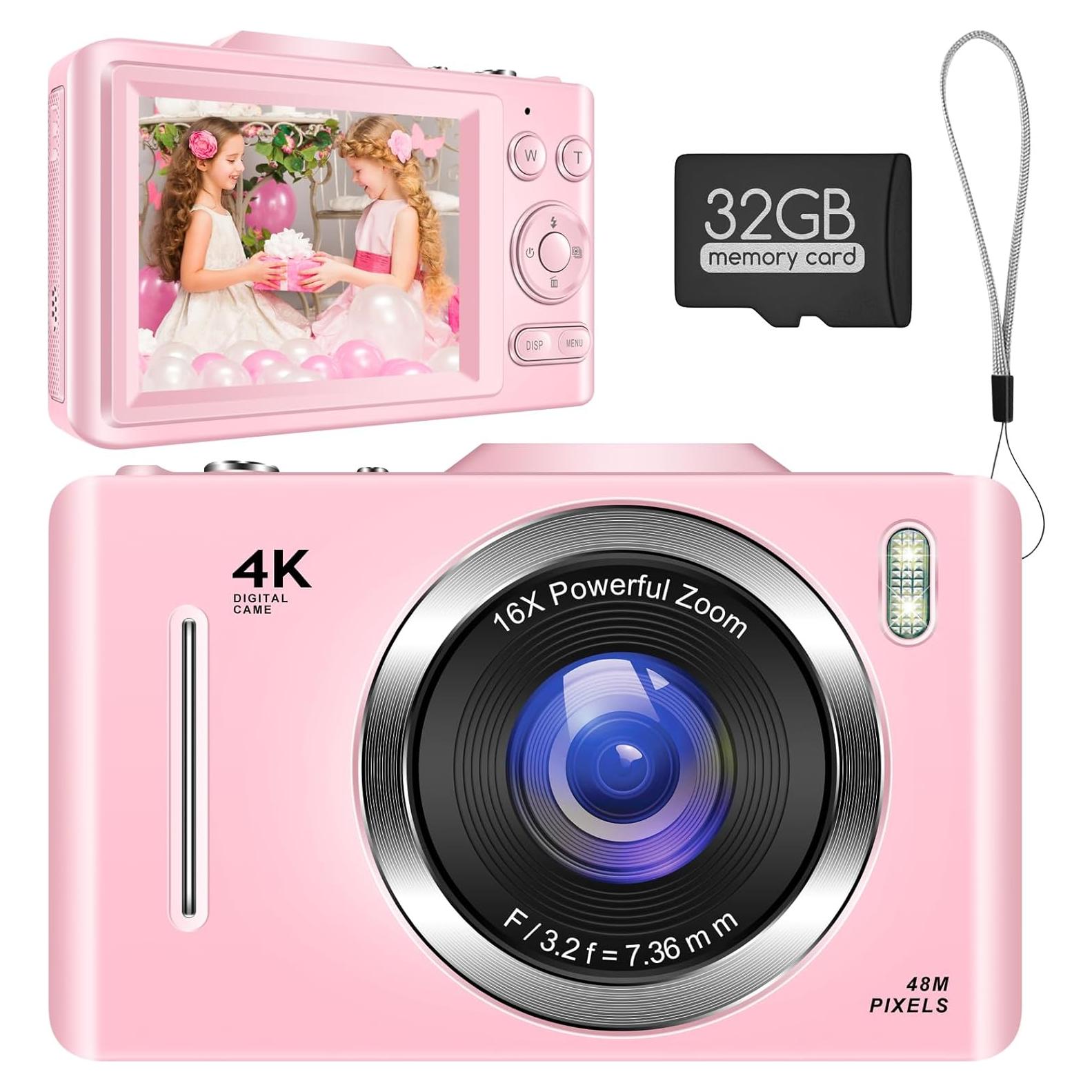 Digital Camera,Portable Compact Point and Shoot Digital Camera,Autofocus 48MP FHD Camera16X Digital Zoom, Shoot Digital Camera for Kids Teens Adult Beginner with 32GB Card,Lanyard (Pink)
