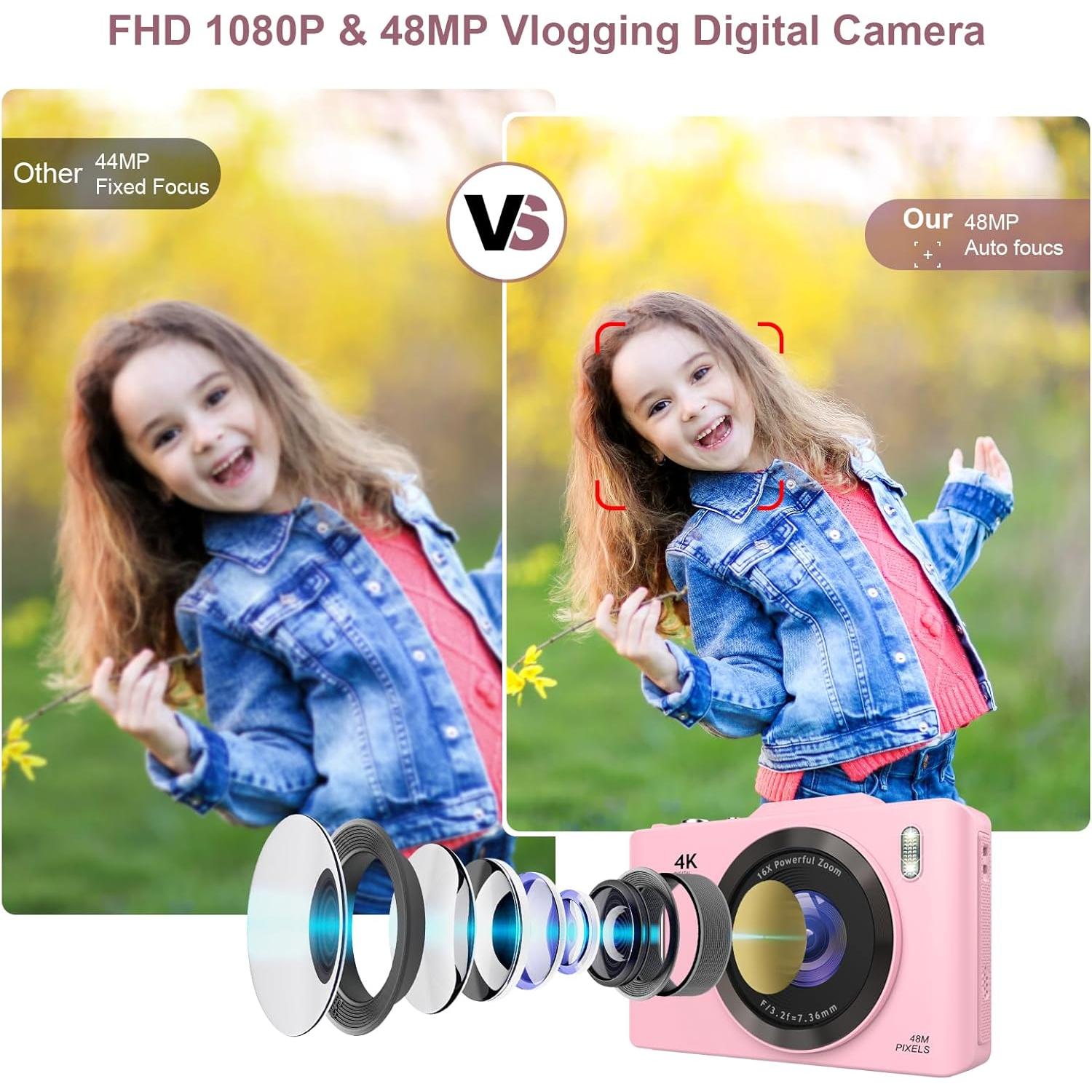 Digital Camera,Portable Compact Point and Shoot Digital Camera,Autofocus 48MP FHD Camera16X Digital Zoom, Shoot Digital Camera for Kids Teens Adult Beginner with 32GB Card,Lanyard (Pink)
