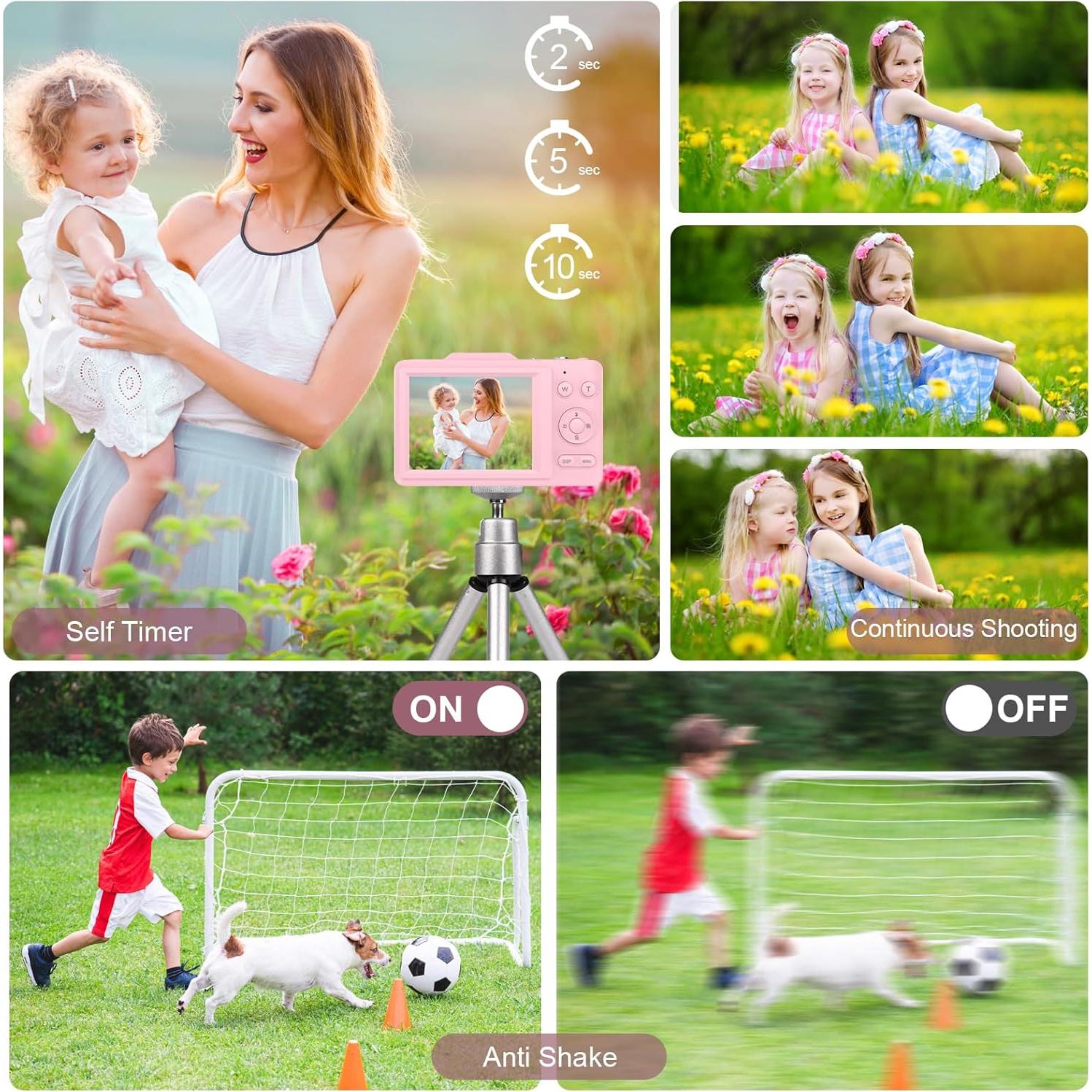 Digital Camera,Portable Compact Point and Shoot Digital Camera,Autofocus 48MP FHD Camera16X Digital Zoom, Shoot Digital Camera for Kids Teens Adult Beginner with 32GB Card,Lanyard (Pink)