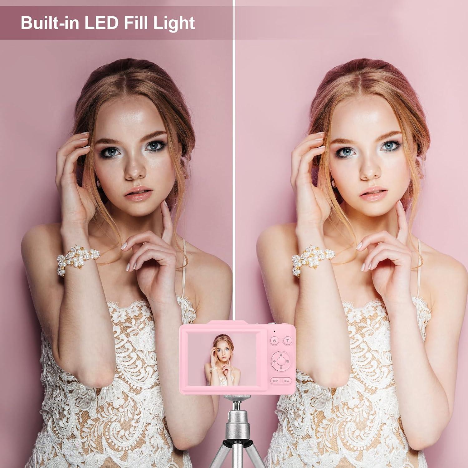 Digital Camera,Portable Compact Point and Shoot Digital Camera,Autofocus 48MP FHD Camera16X Digital Zoom, Shoot Digital Camera for Kids Teens Adult Beginner with 32GB Card,Lanyard (Pink)