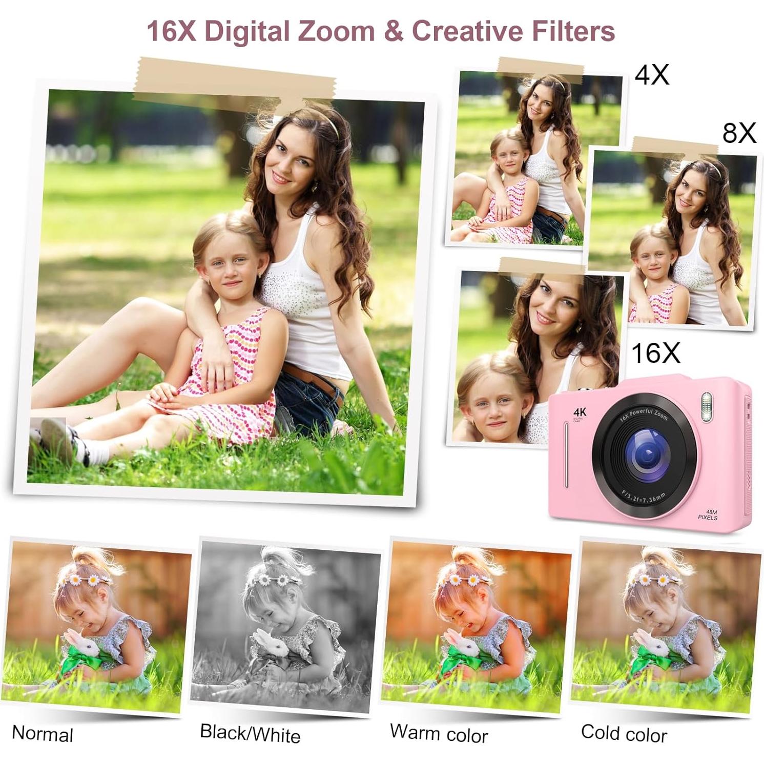 Digital Camera,Portable Compact Point and Shoot Digital Camera,Autofocus 48MP FHD Camera16X Digital Zoom, Shoot Digital Camera for Kids Teens Adult Beginner with 32GB Card,Lanyard (Pink)