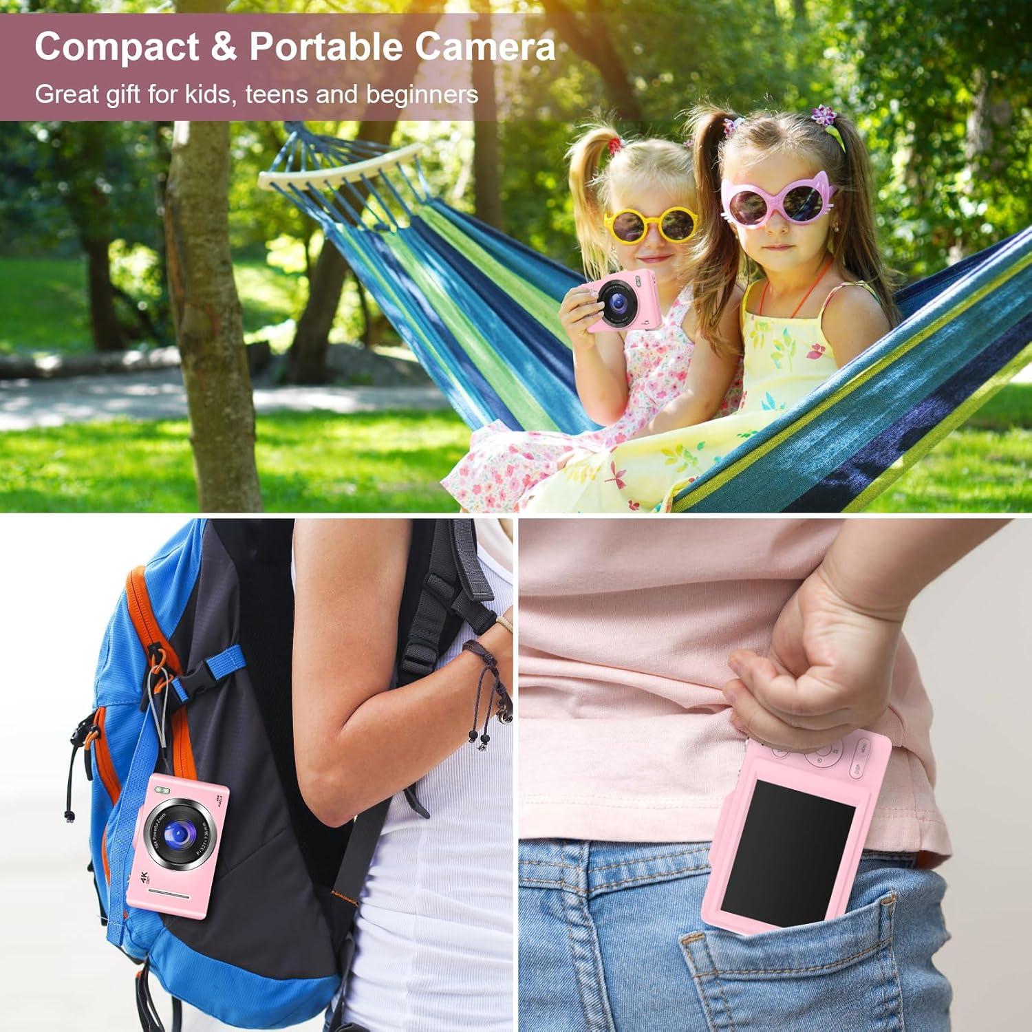 Digital Camera,Portable Compact Point and Shoot Digital Camera,Autofocus 48MP FHD Camera16X Digital Zoom, Shoot Digital Camera for Kids Teens Adult Beginner with 32GB Card,Lanyard (Pink)