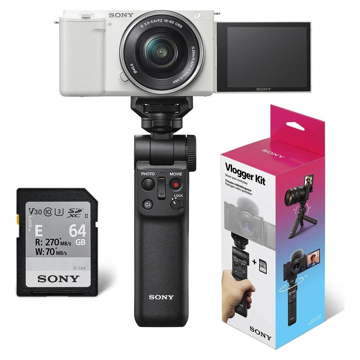 Sony ZV-E10 APS-C Mirrorless Interchangeable Lens Vlogging Camera with 16-50mm Lens, White - Bundle with Sony ACCVC1 Vlogger Accessory Kit (Shooting Grip & 64GB UHS-II SDXC Card)