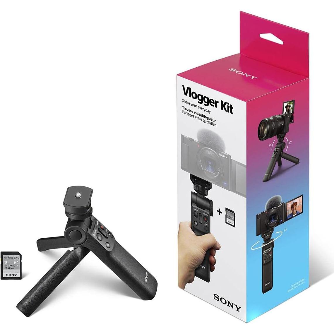 Sony ZV-E10 APS-C Mirrorless Interchangeable Lens Vlogging Camera with 16-50mm Lens, White - Bundle with Sony ACCVC1 Vlogger Accessory Kit (Shooting Grip & 64GB UHS-II SDXC Card)