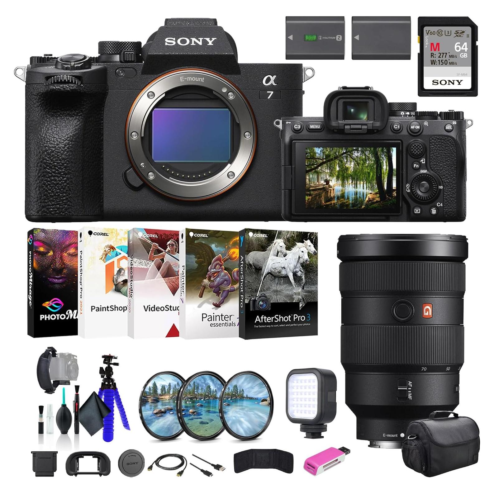a7 IV Mirrorless Camera ILCE-7M4/B, Sony FE 24-70 Lens, 64GB Memory Card, Filter Kit, Bag, NP-FZ100 Compatible Battery, Card Reader, LED Light, Corel Photo Software, and More
