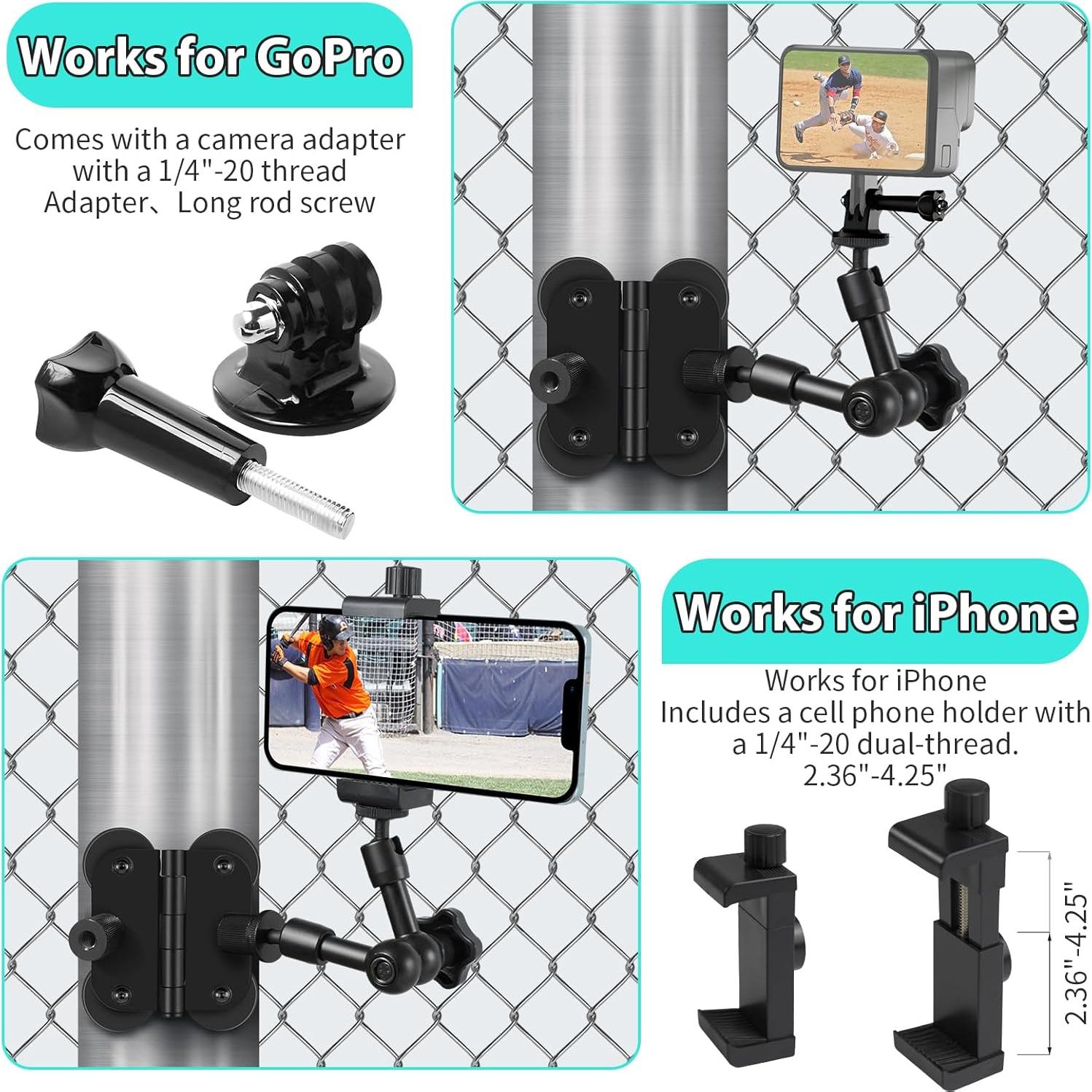 Magnetic Fields Fence Mount for Mevo Start/GoPro / Insta360 / DJI OSMO Pocket 3 / iPhone,Two 1/4" Mount Point Standing Magnetic Holder for Recording Baseball Tennis Games - Game Changer Mounting Kit