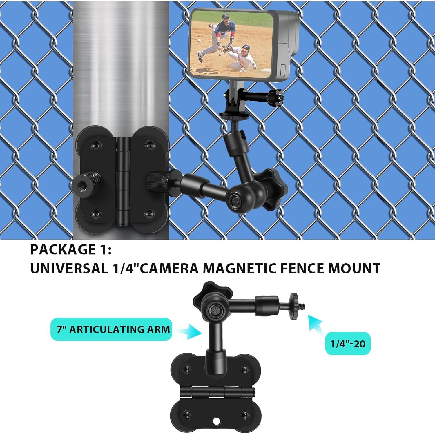 Magnetic Fields Fence Mount for Mevo Start/GoPro / Insta360 / DJI OSMO Pocket 3 / iPhone,Two 1/4" Mount Point Standing Magnetic Holder for Recording Baseball Tennis Games - Game Changer Mounting Kit