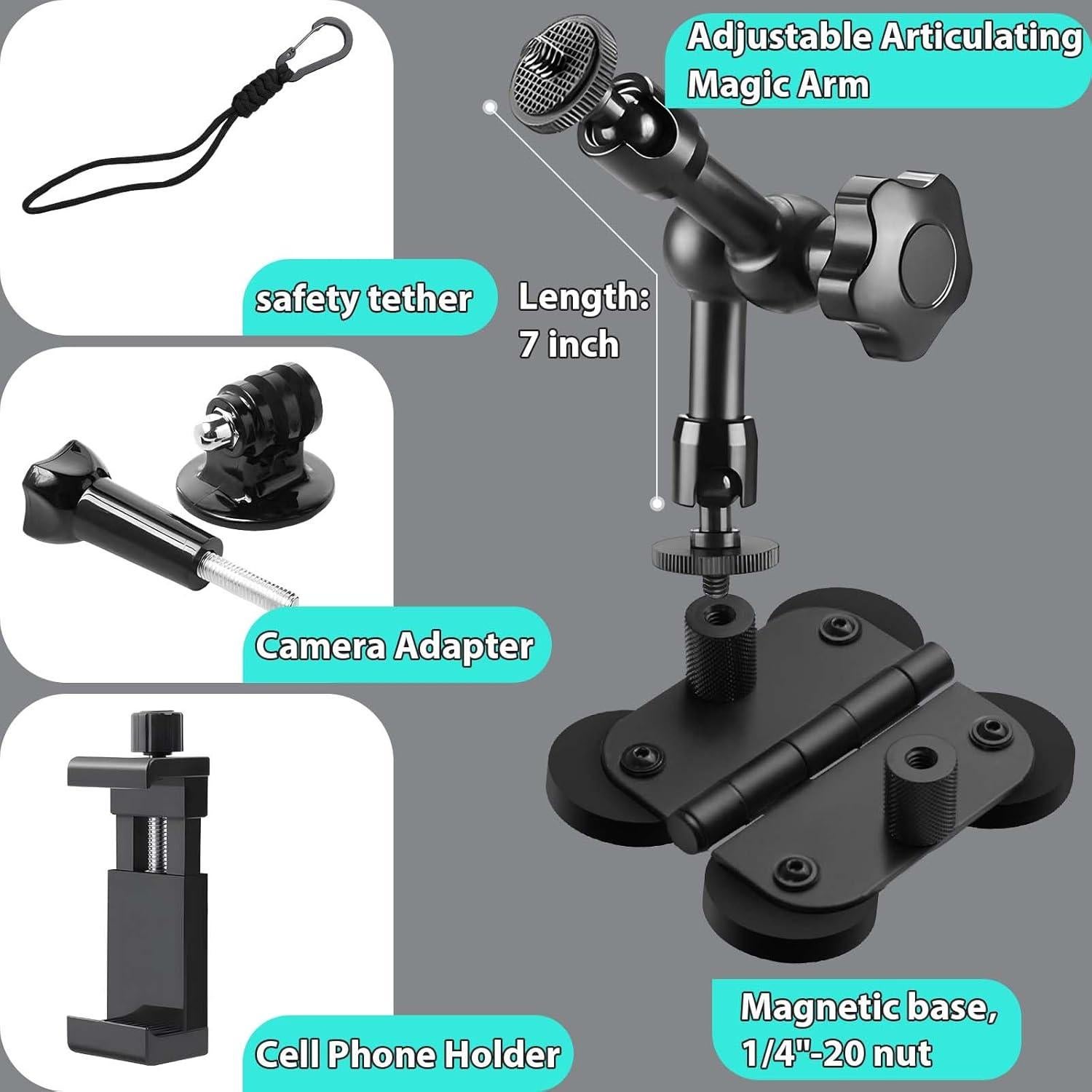 Magnetic Fields Fence Mount for Mevo Start/GoPro / Insta360 / DJI OSMO Pocket 3 / iPhone,Two 1/4" Mount Point Standing Magnetic Holder for Recording Baseball Tennis Games - Game Changer Mounting Kit