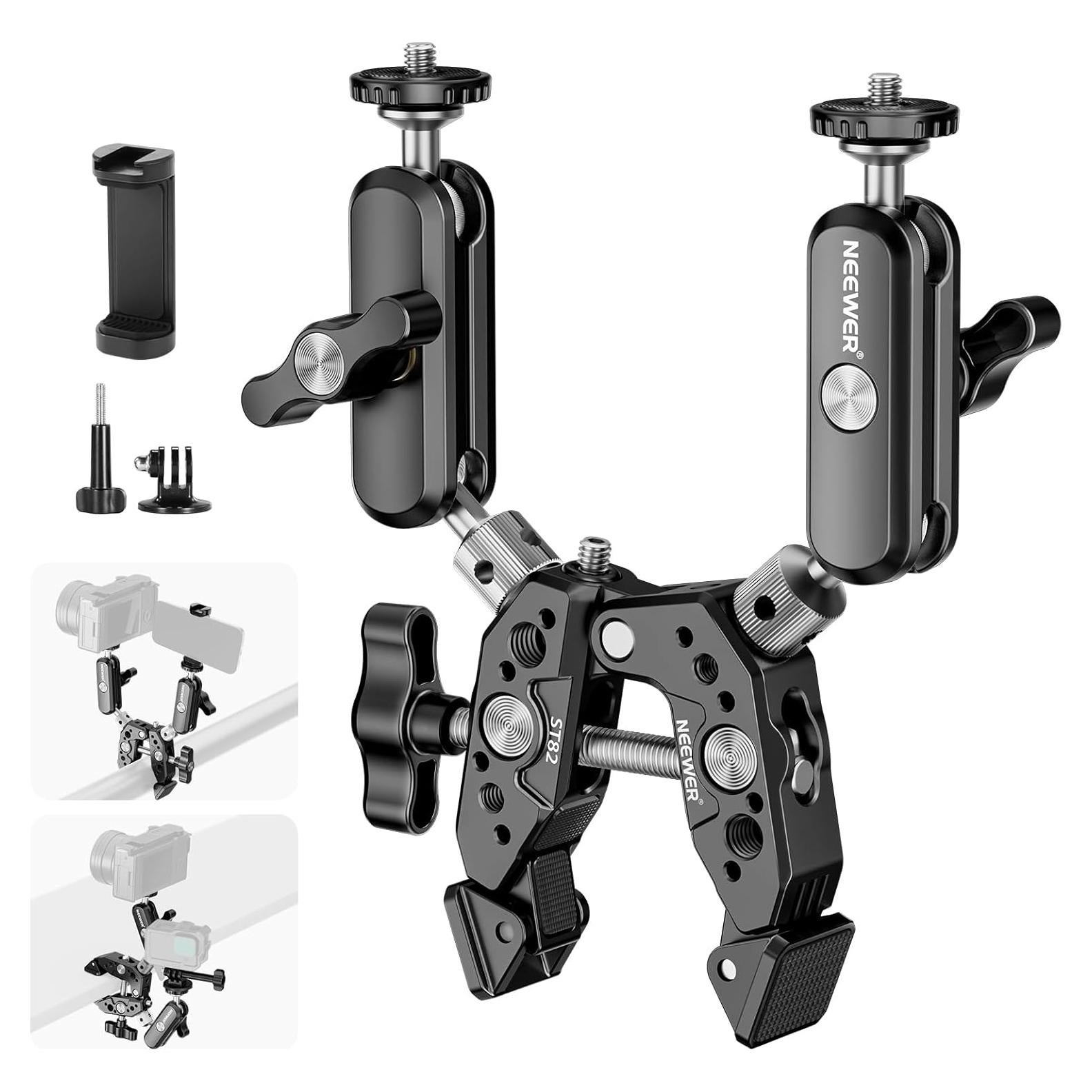 NEEWER Heavy Duty Super Clamp with Two 360° Dual Ball Head Magic Arms, 1/4" 3/8" Screw Threads, Phone & Action Camera Mount Adapter for Flat/Round Surface Compatible with GoPro DJI Insta360 DSLR
