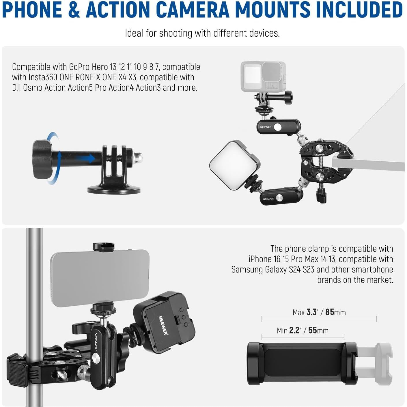 NEEWER Heavy Duty Super Clamp with Two 360° Dual Ball Head Magic Arms, 1/4" 3/8" Screw Threads, Phone & Action Camera Mount Adapter for Flat/Round Surface Compatible with GoPro DJI Insta360 DSLR