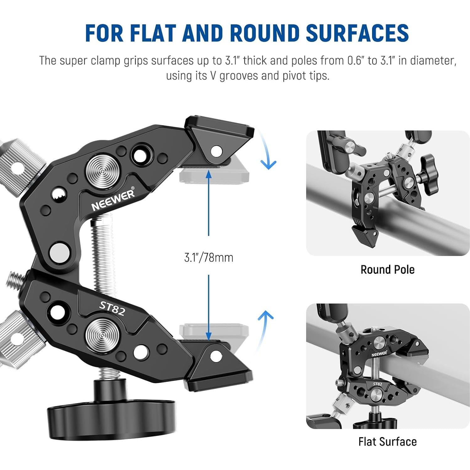 NEEWER Heavy Duty Super Clamp with Two 360° Dual Ball Head Magic Arms, 1/4" 3/8" Screw Threads, Phone & Action Camera Mount Adapter for Flat/Round Surface Compatible with GoPro DJI Insta360 DSLR